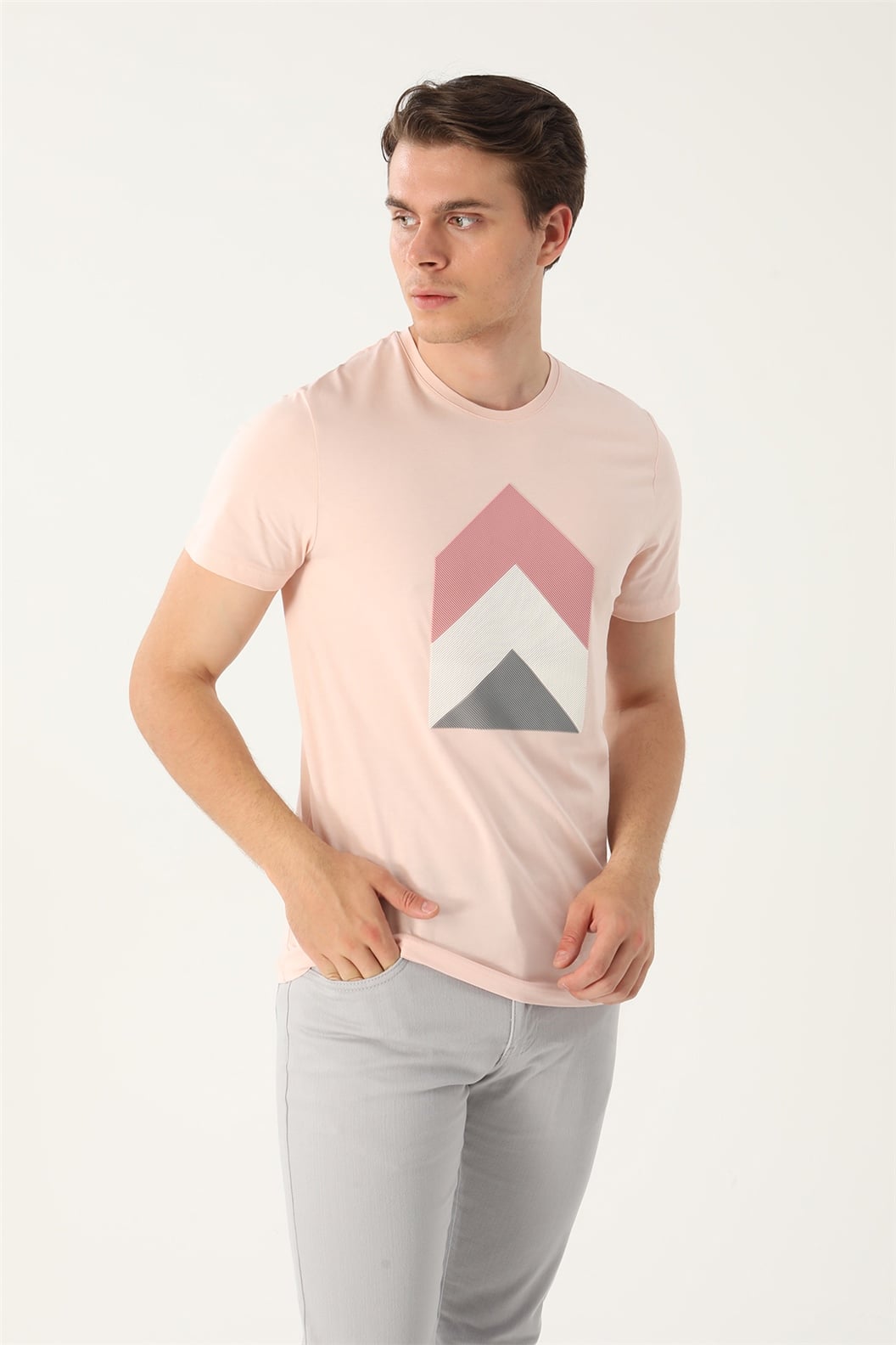 Pembe Slim Fit Bisiklet Yaka Baskılı T-Shirt