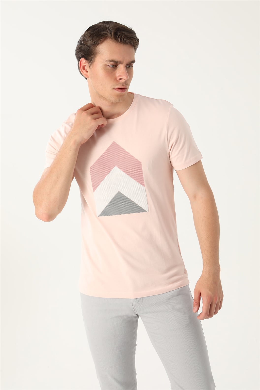 Pembe Slim Fit Bisiklet Yaka Baskılı T-Shirt