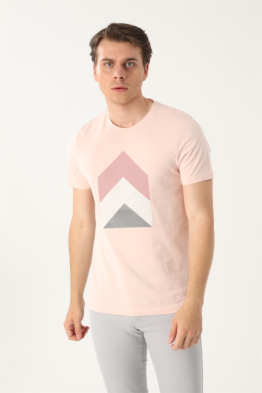 Pembe Slim Fit Bisiklet Yaka Baskılı T-Shirt