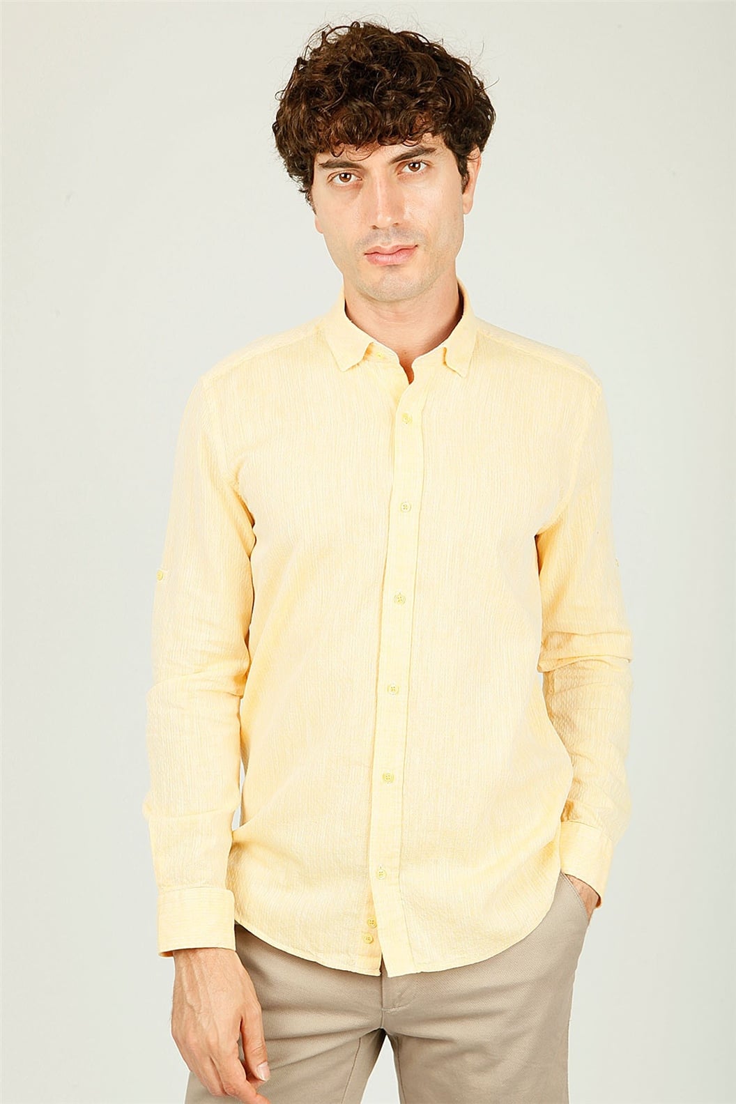 Sarı Slim Fit Uzun Kol Gömlek