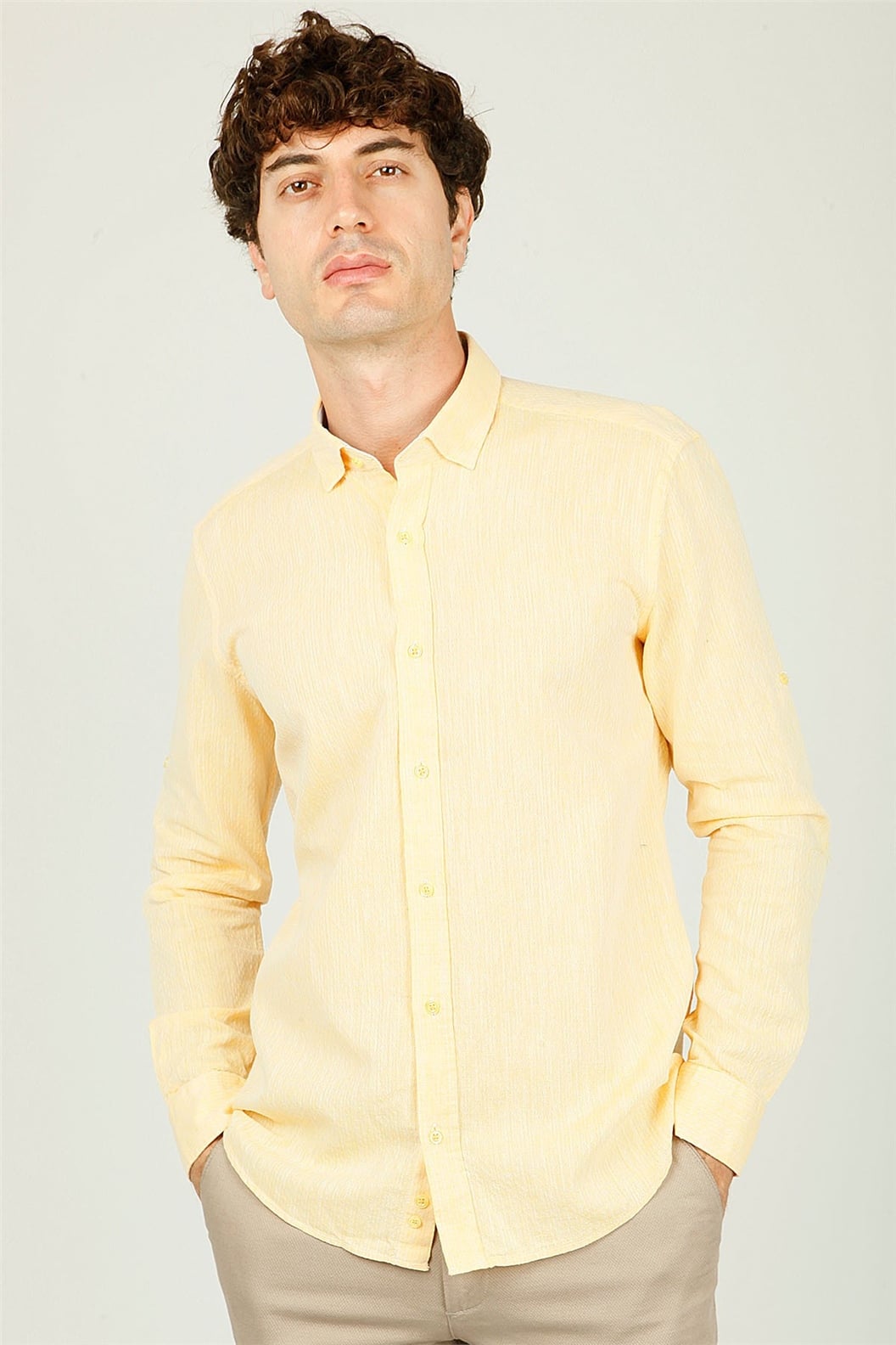 Sarı Slim Fit Uzun Kol Gömlek
