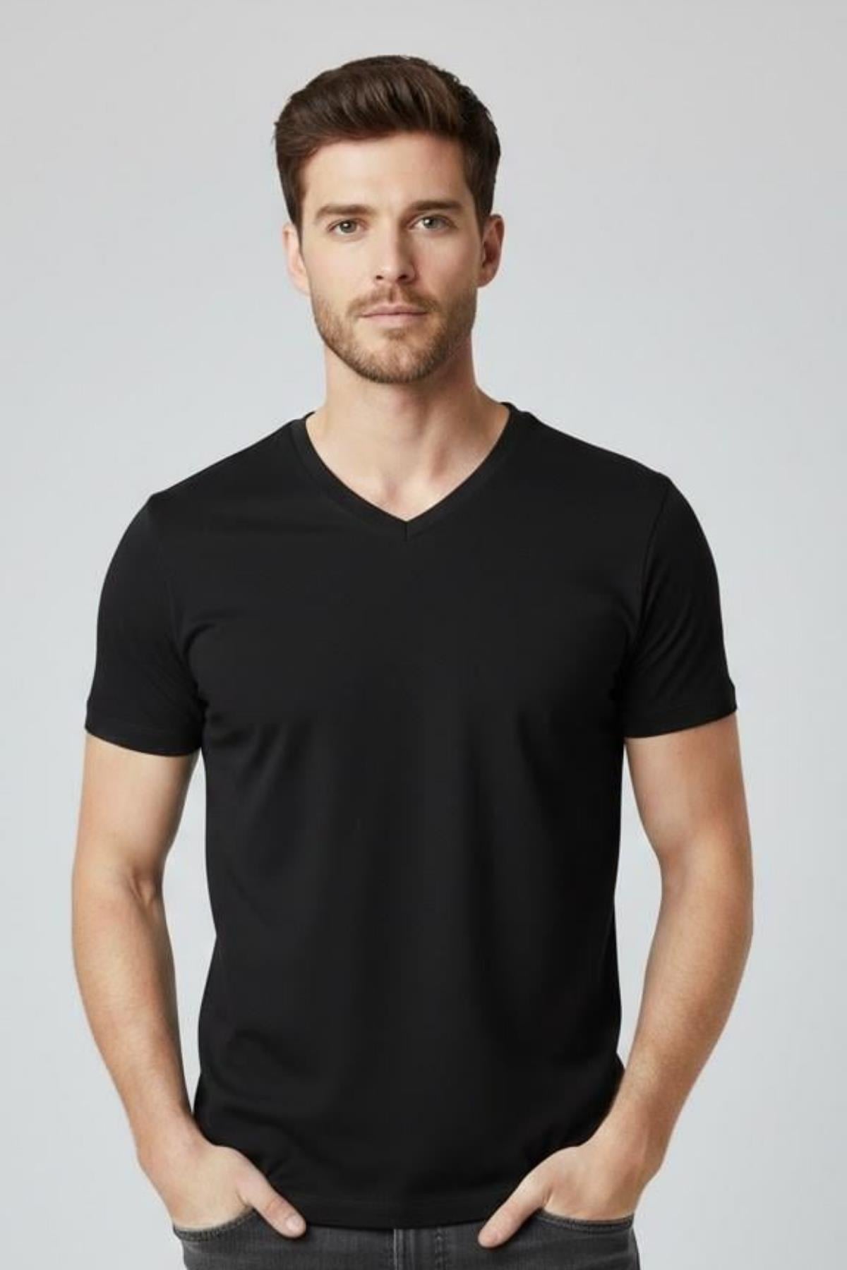 SİYAH Comfort Fit V Yaka Basic T-Shirt