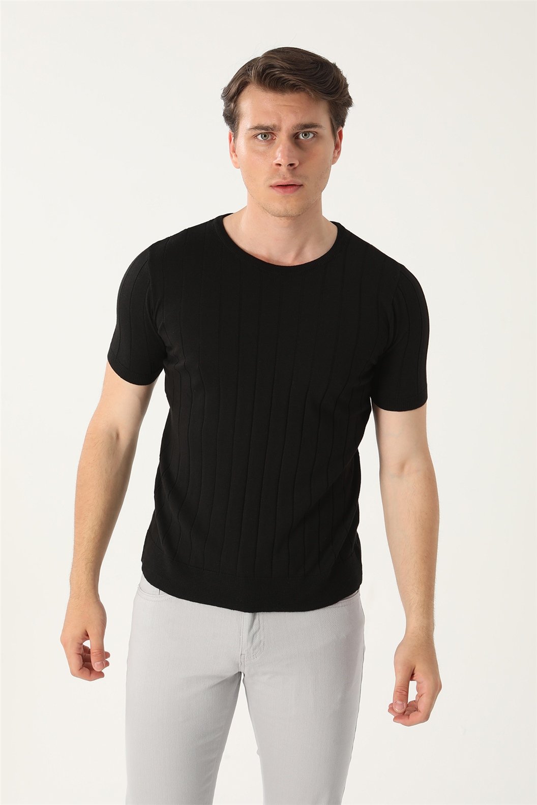 Siyah Slim Fit Bisiklet Yaka Triko T-Shirt