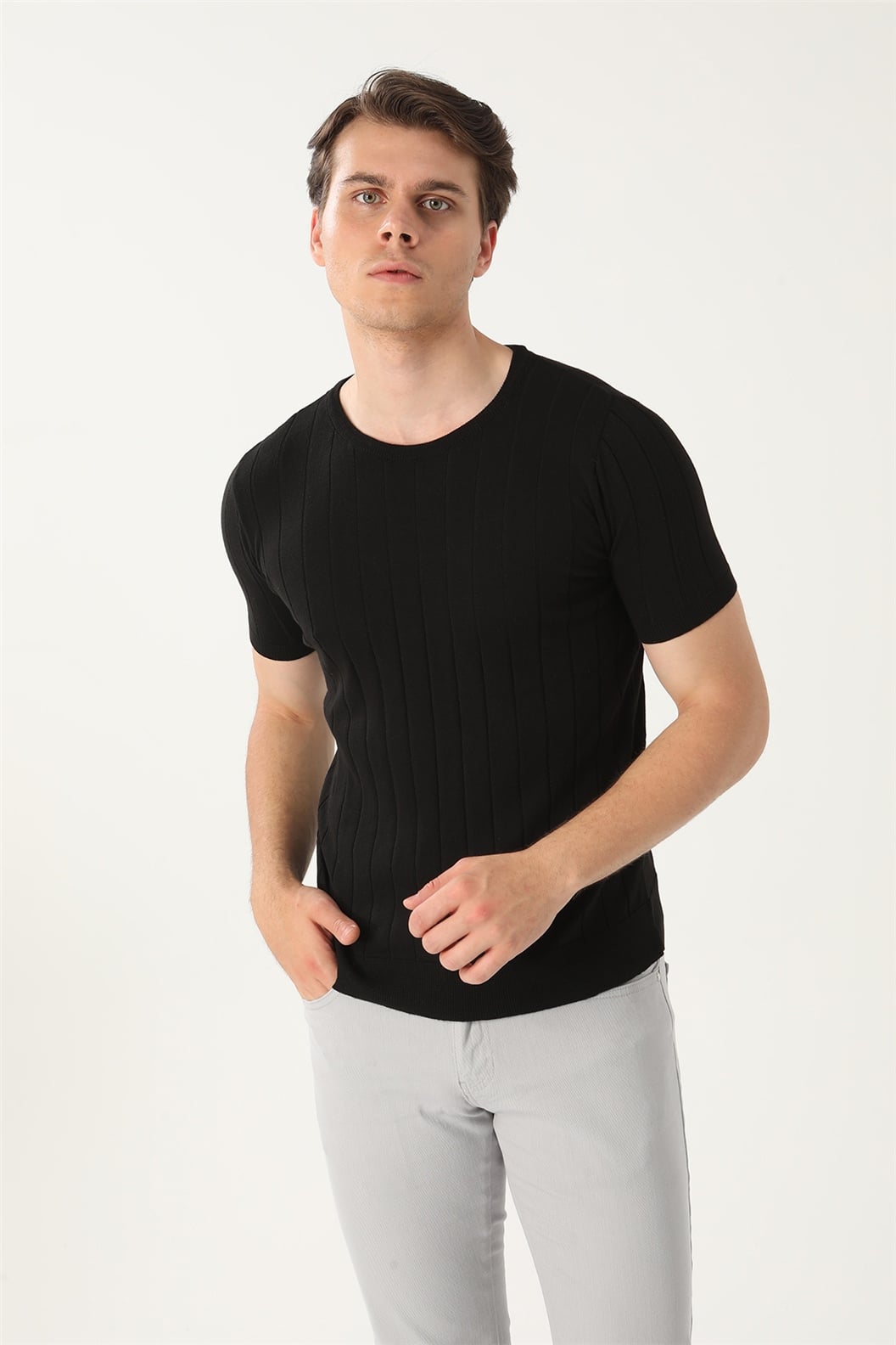 Siyah Slim Fit Bisiklet Yaka Triko T-Shirt