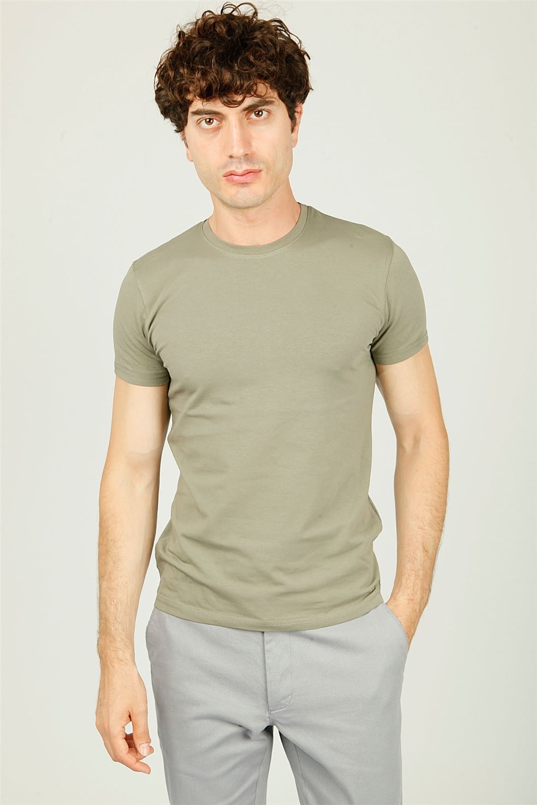 Yeşil Bisiklet Yaka Basic Slim Fit T-shirt