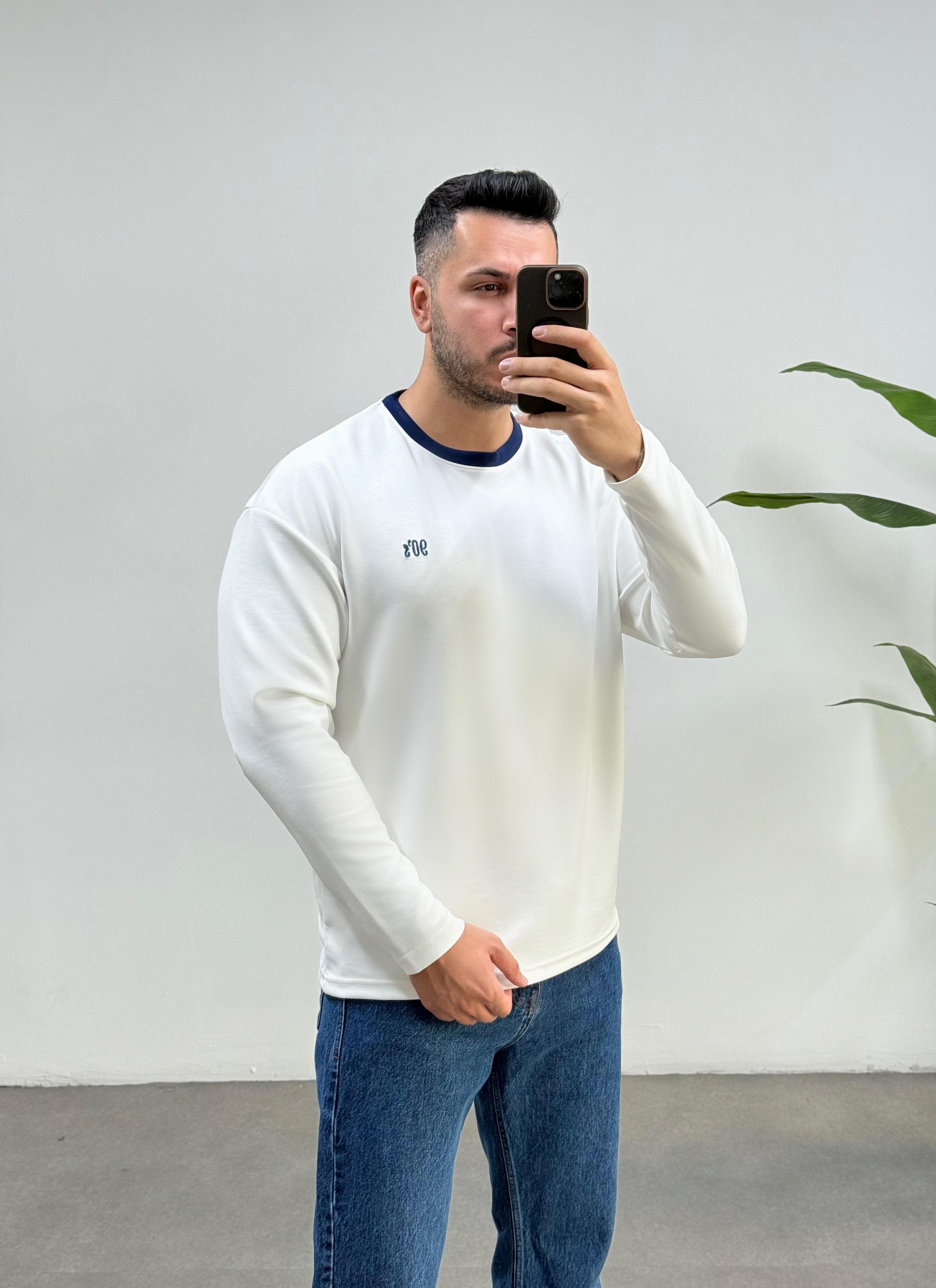90's Oysho Beyaz Lacivert Yaka Sweatshirt