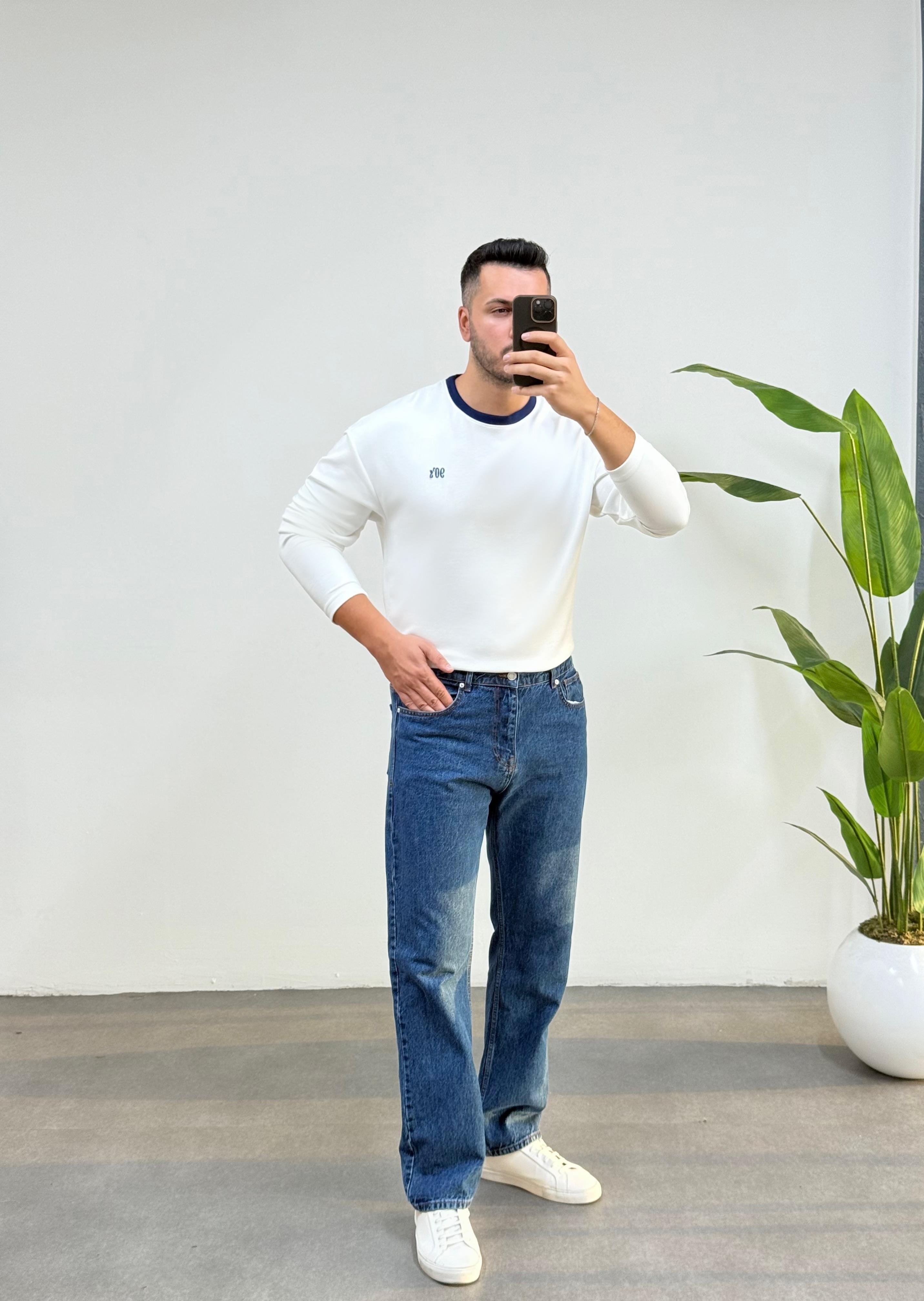 90's Oysho Beyaz Lacivert Yaka Sweatshirt
