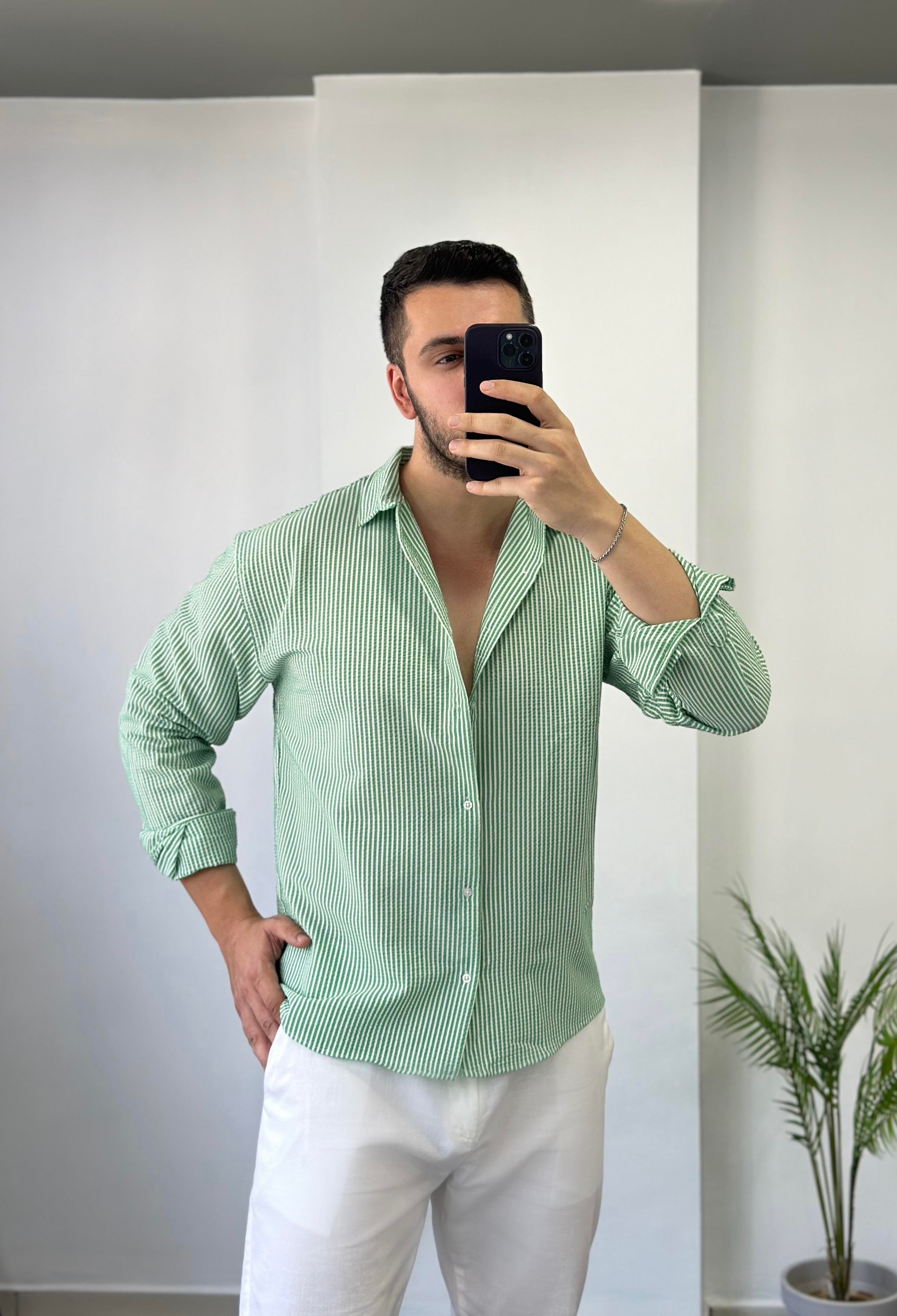 Açık Yeşil Yarım Oversize Keten Gömlek 