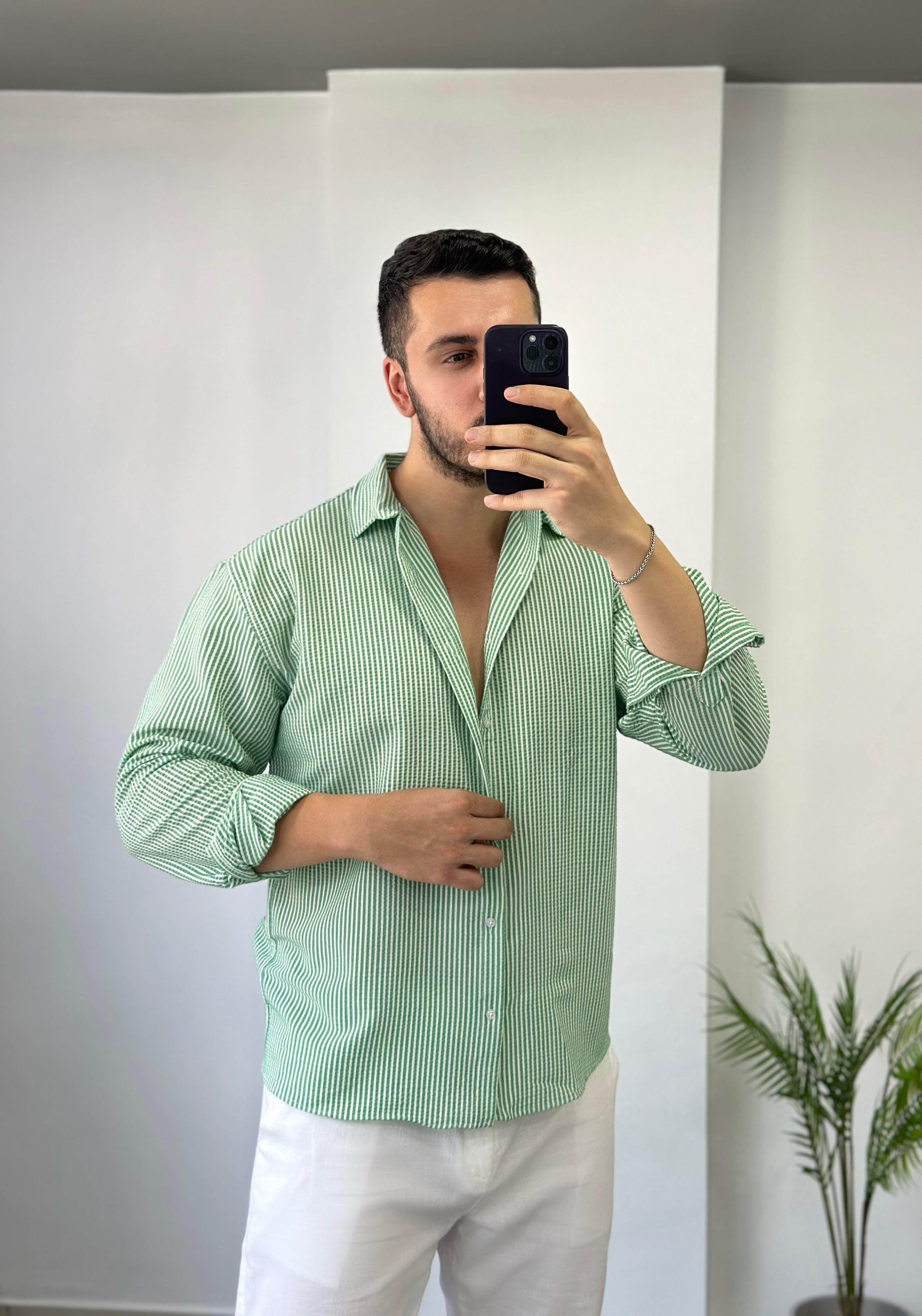 Açık Yeşil Yarım Oversize Keten Gömlek 