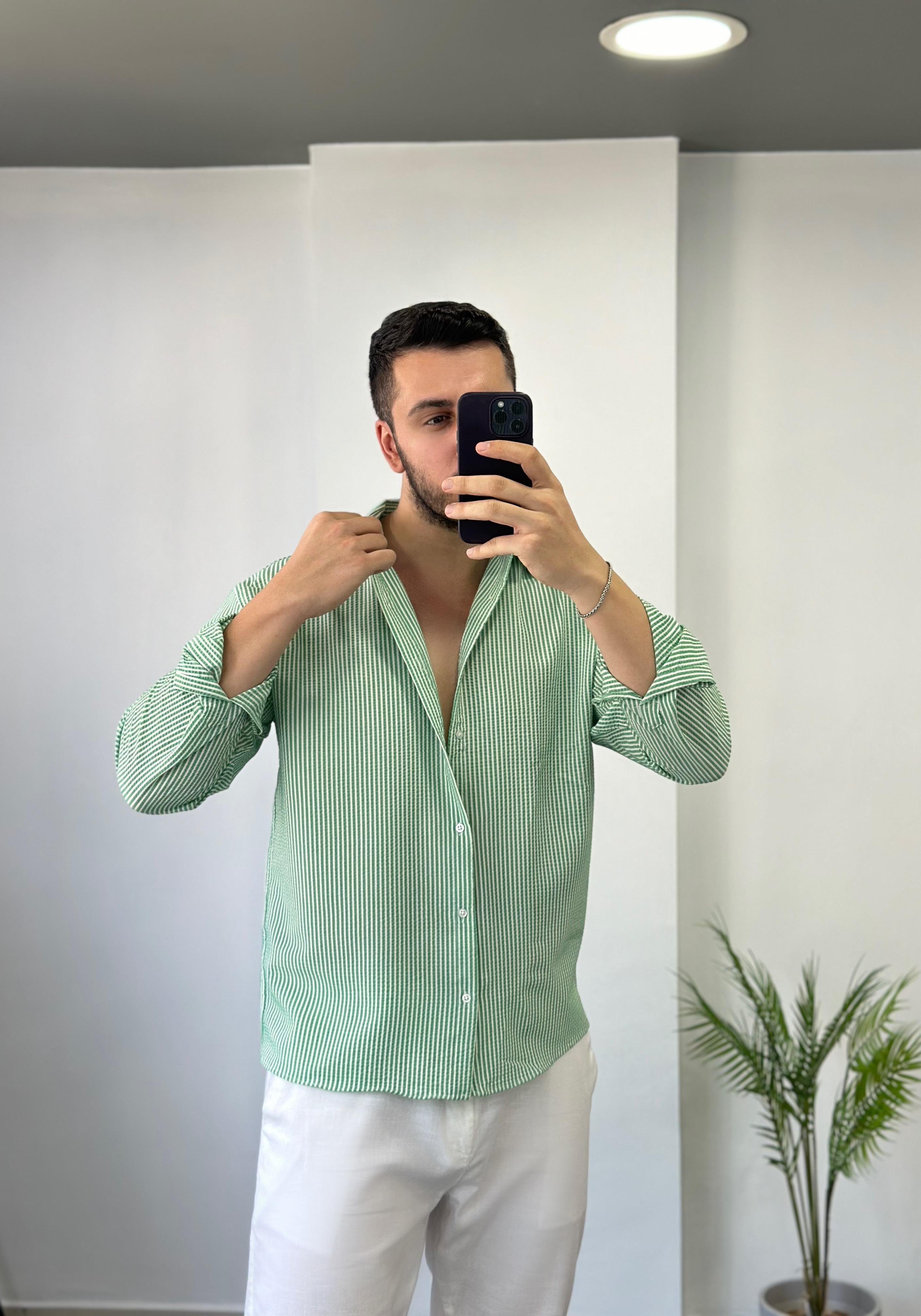 Açık Yeşil Yarım Oversize Keten Gömlek 
