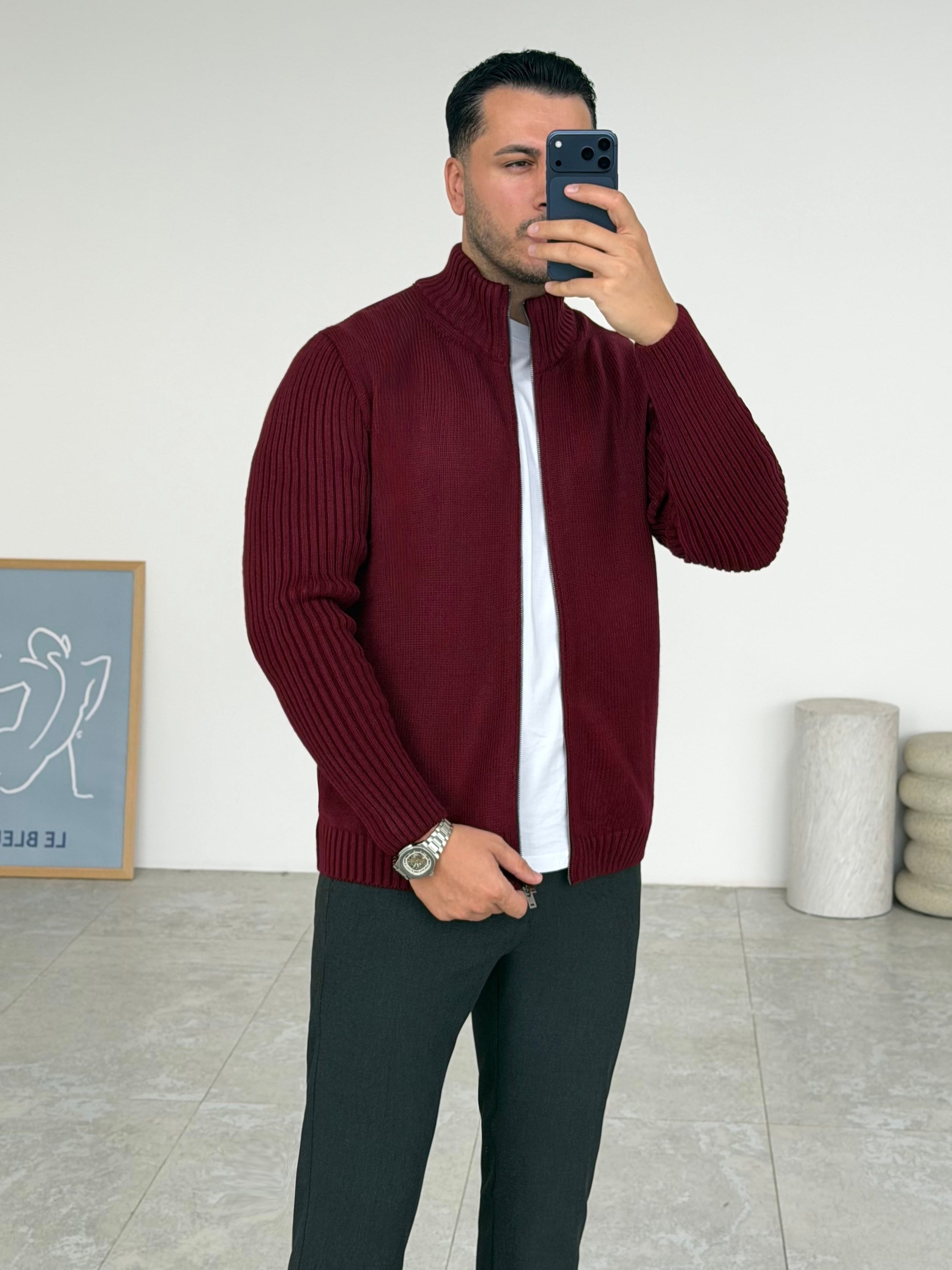 Alvero Fermuarlı Bordo Hırka