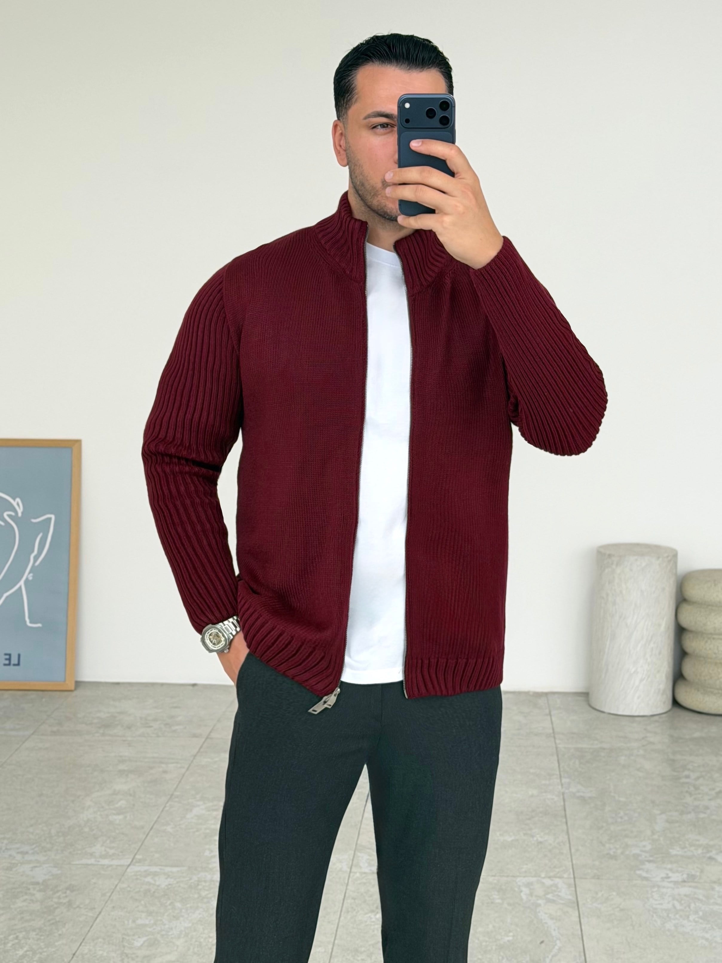 Alvero Fermuarlı Bordo Hırka