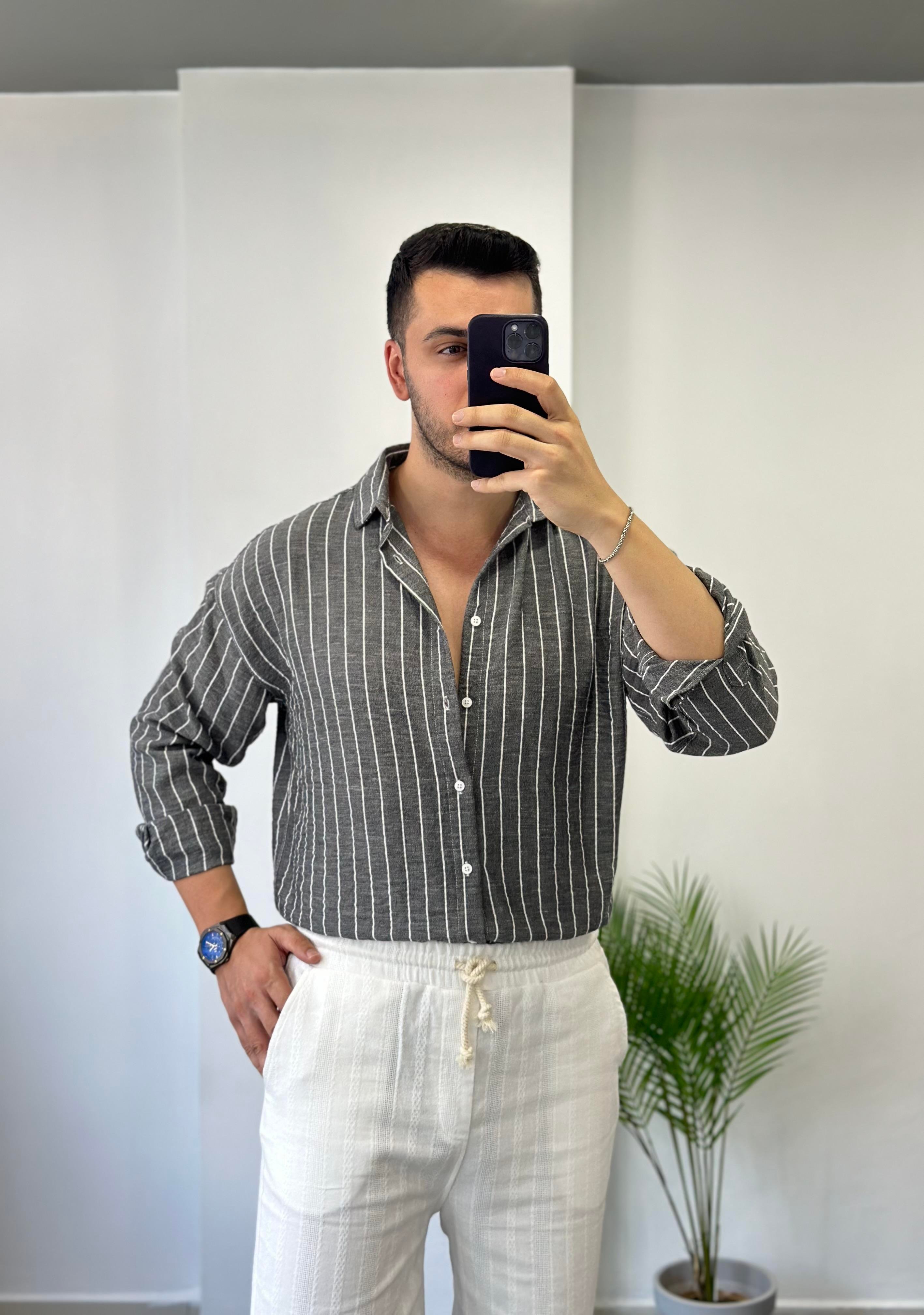 Antrasit Beyaz Çizgi Oversize Keten Gömlek 