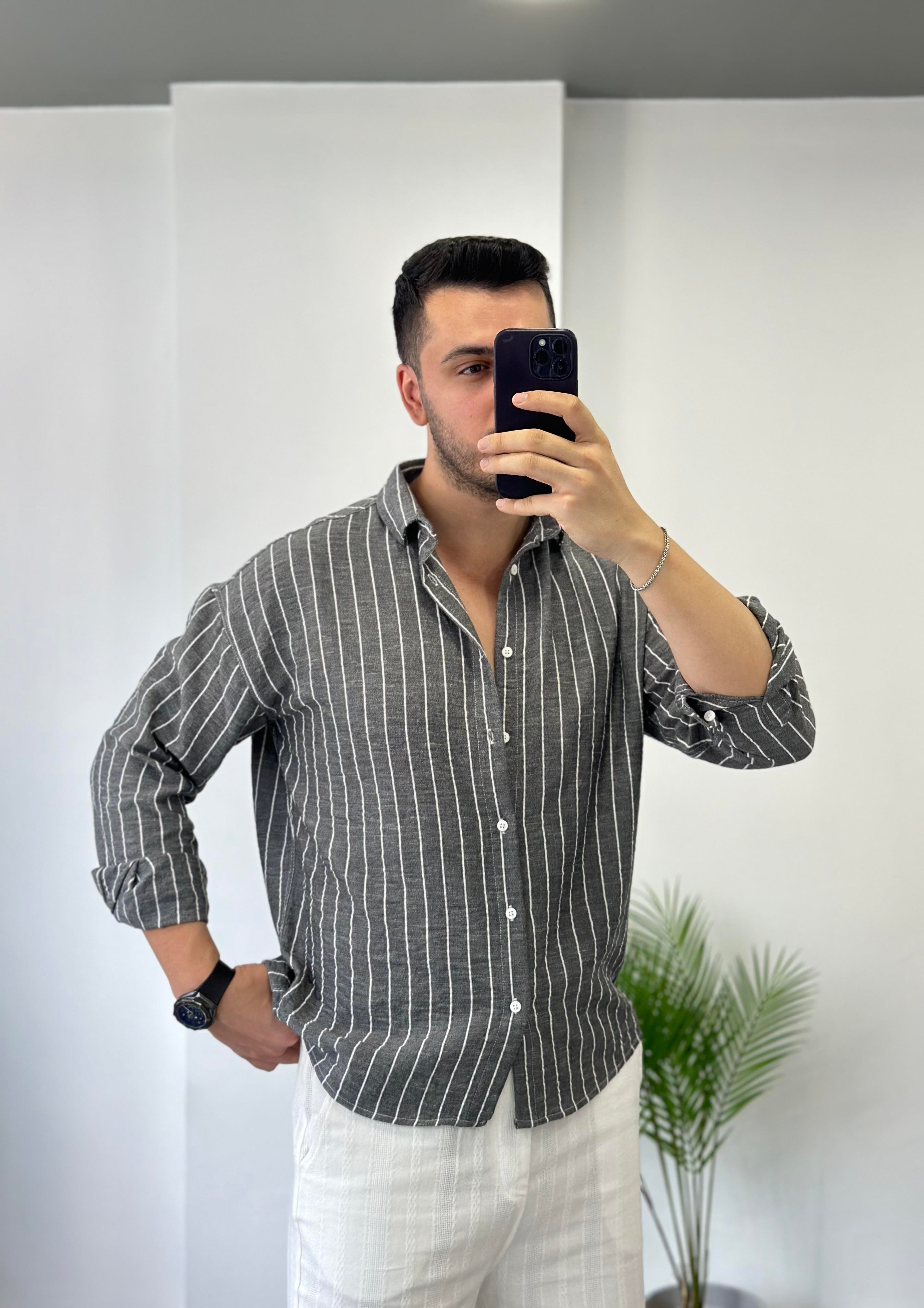 Antrasit Beyaz Çizgi Oversize Keten Gömlek 