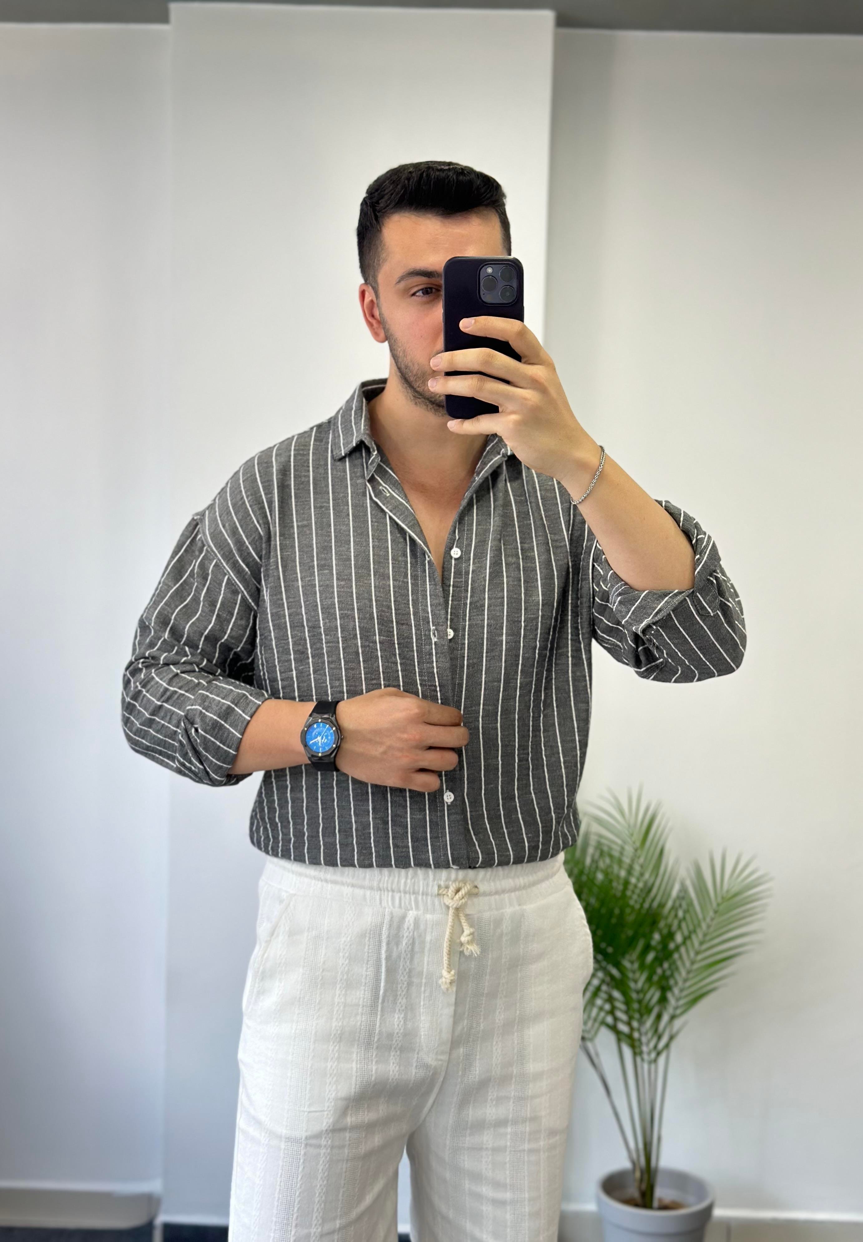 Antrasit Beyaz Çizgi Oversize Keten Gömlek 