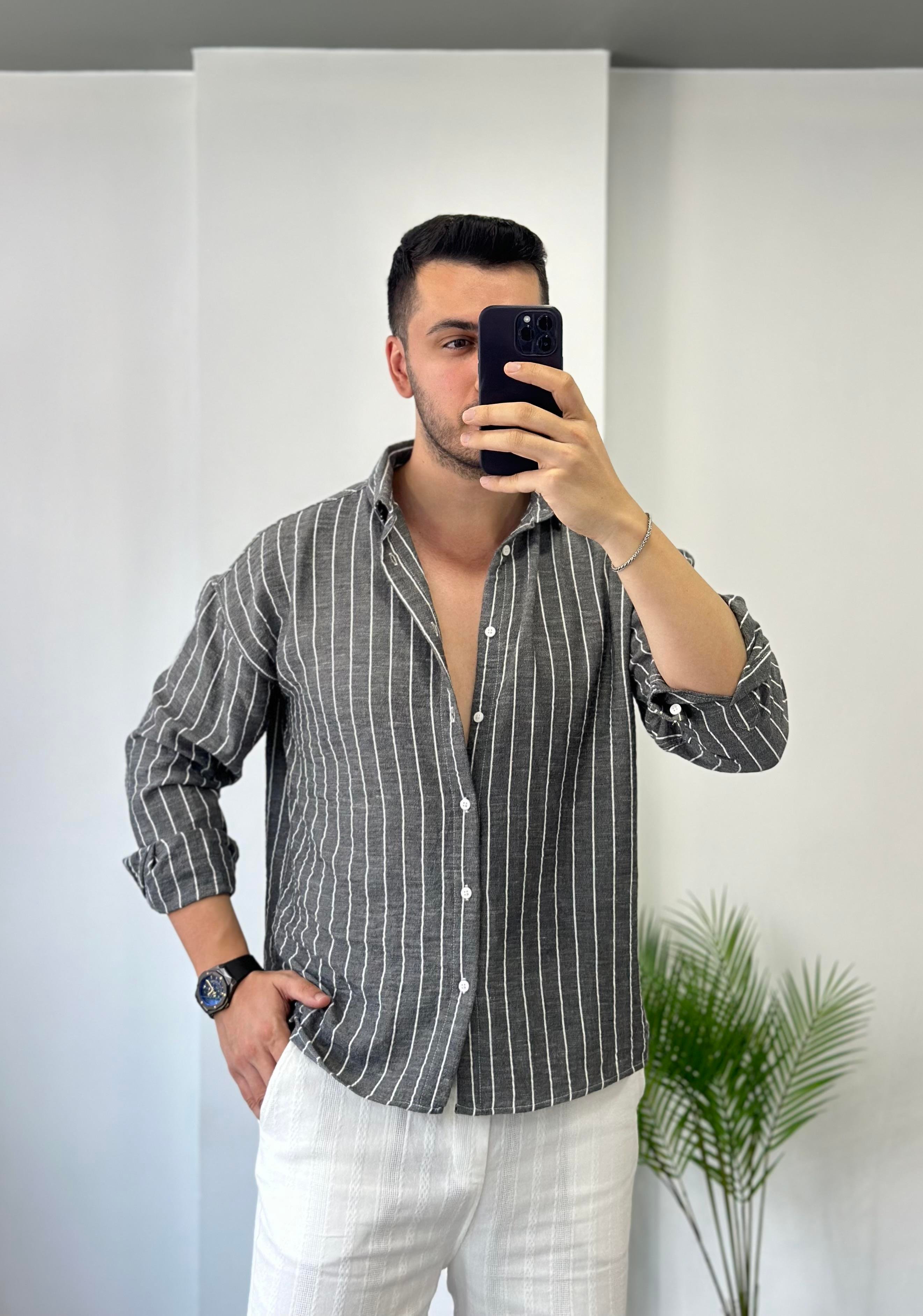 Antrasit Beyaz Çizgi Oversize Keten Gömlek 