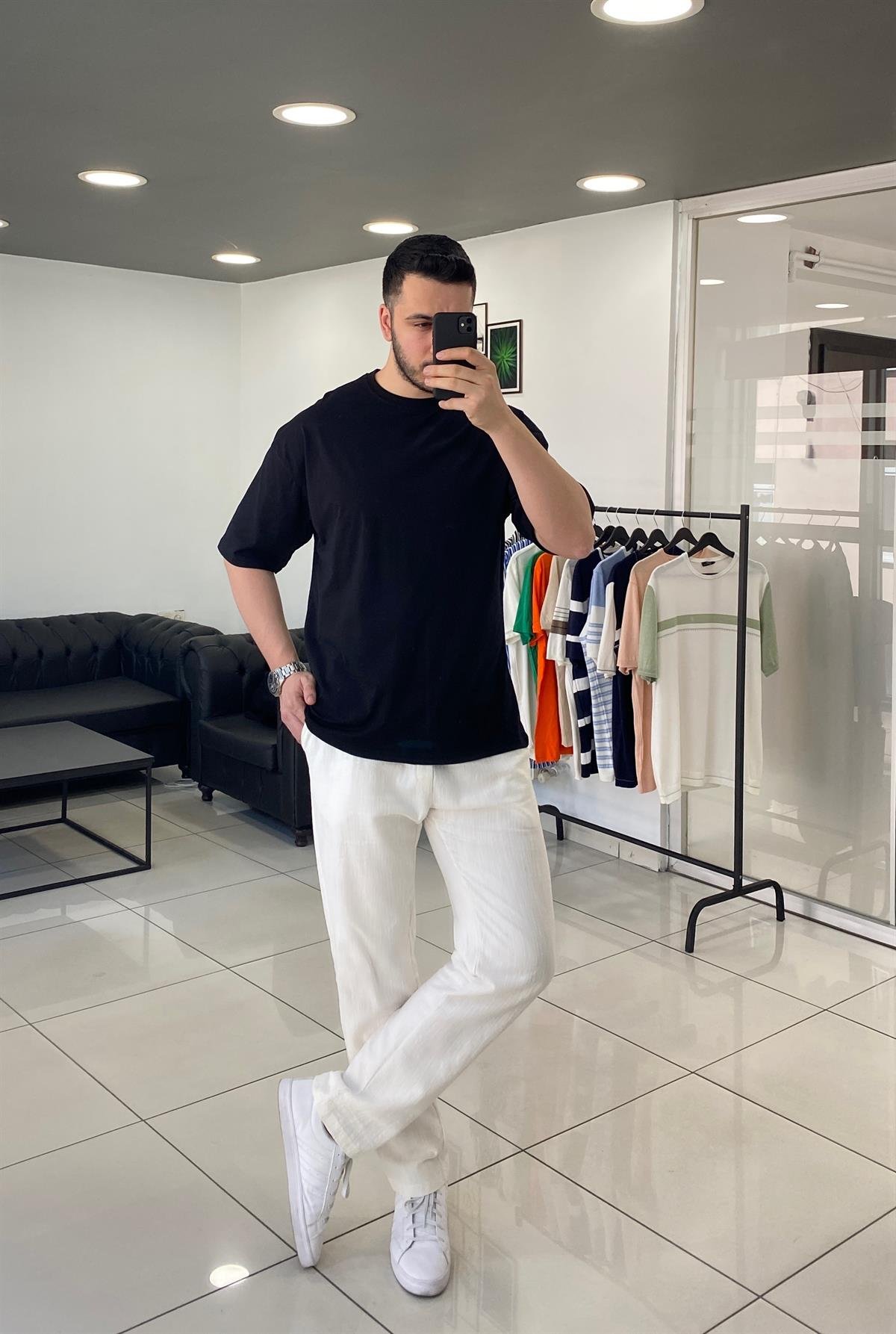 Baggy Beyaz Ham Keten Pantolon 