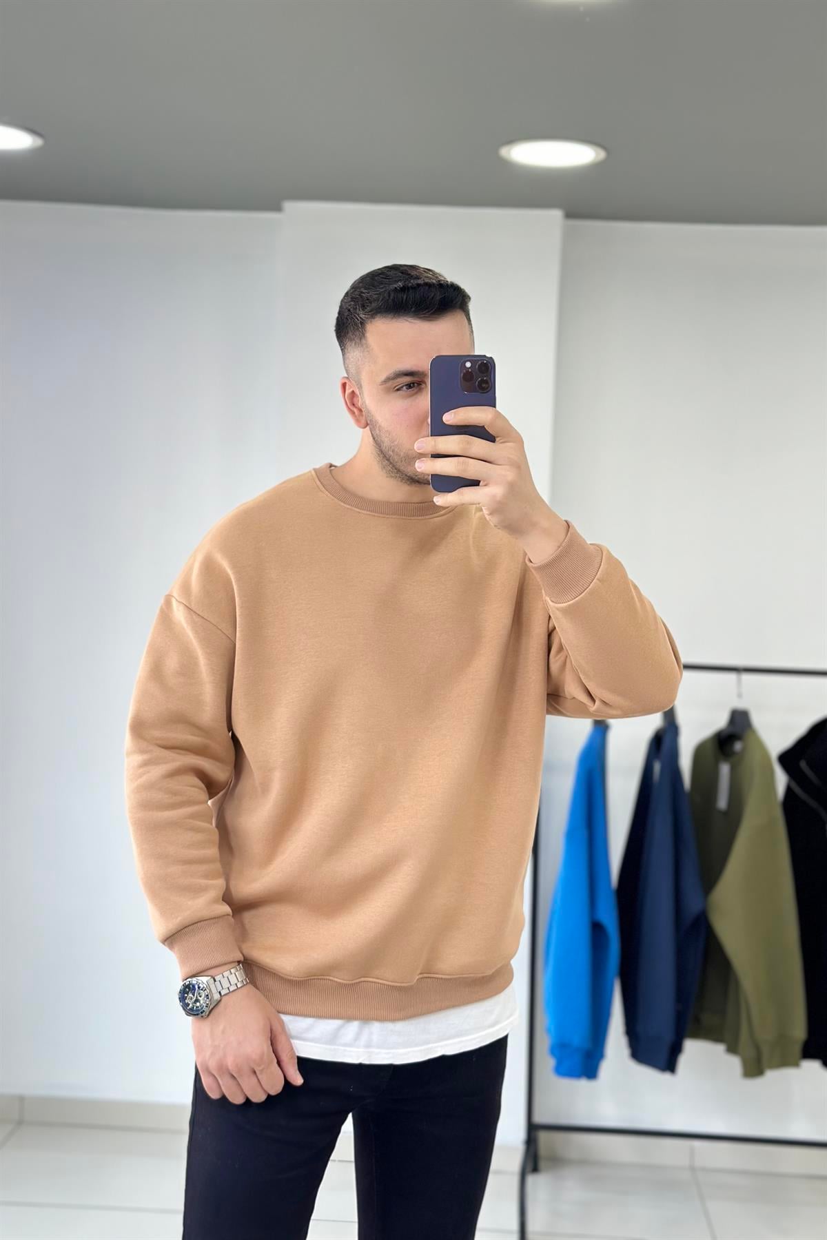 Bej 3 İplik Şardonlu Oversize Sweatshirt 