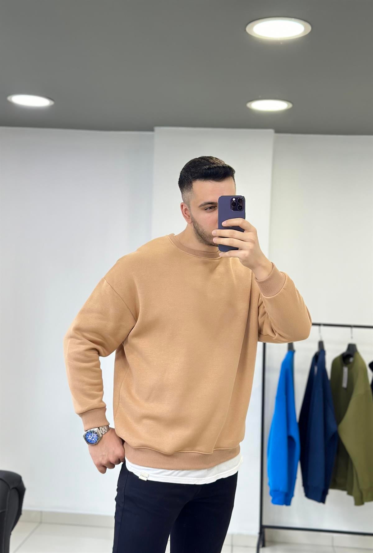 Bej 3 İplik Şardonlu Oversize Sweatshirt 