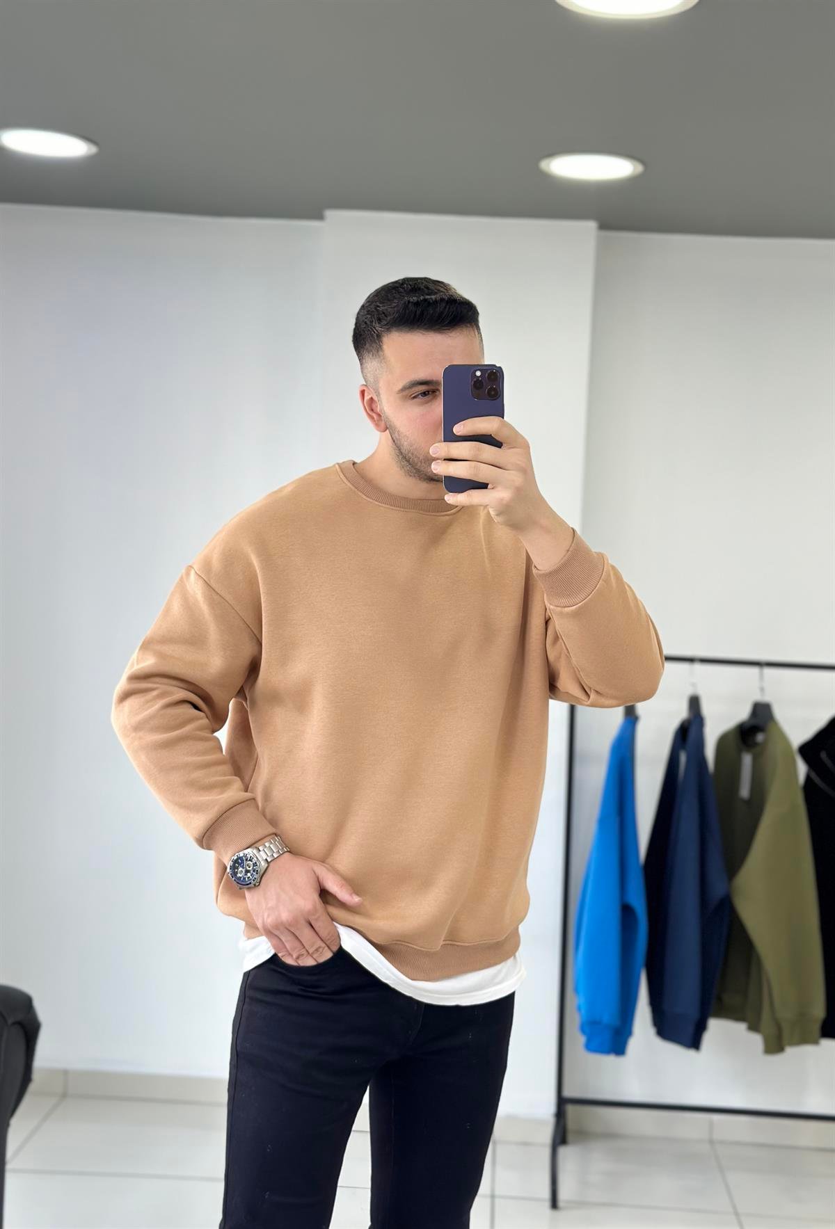 Bej 3 İplik Şardonlu Oversize Sweatshirt 