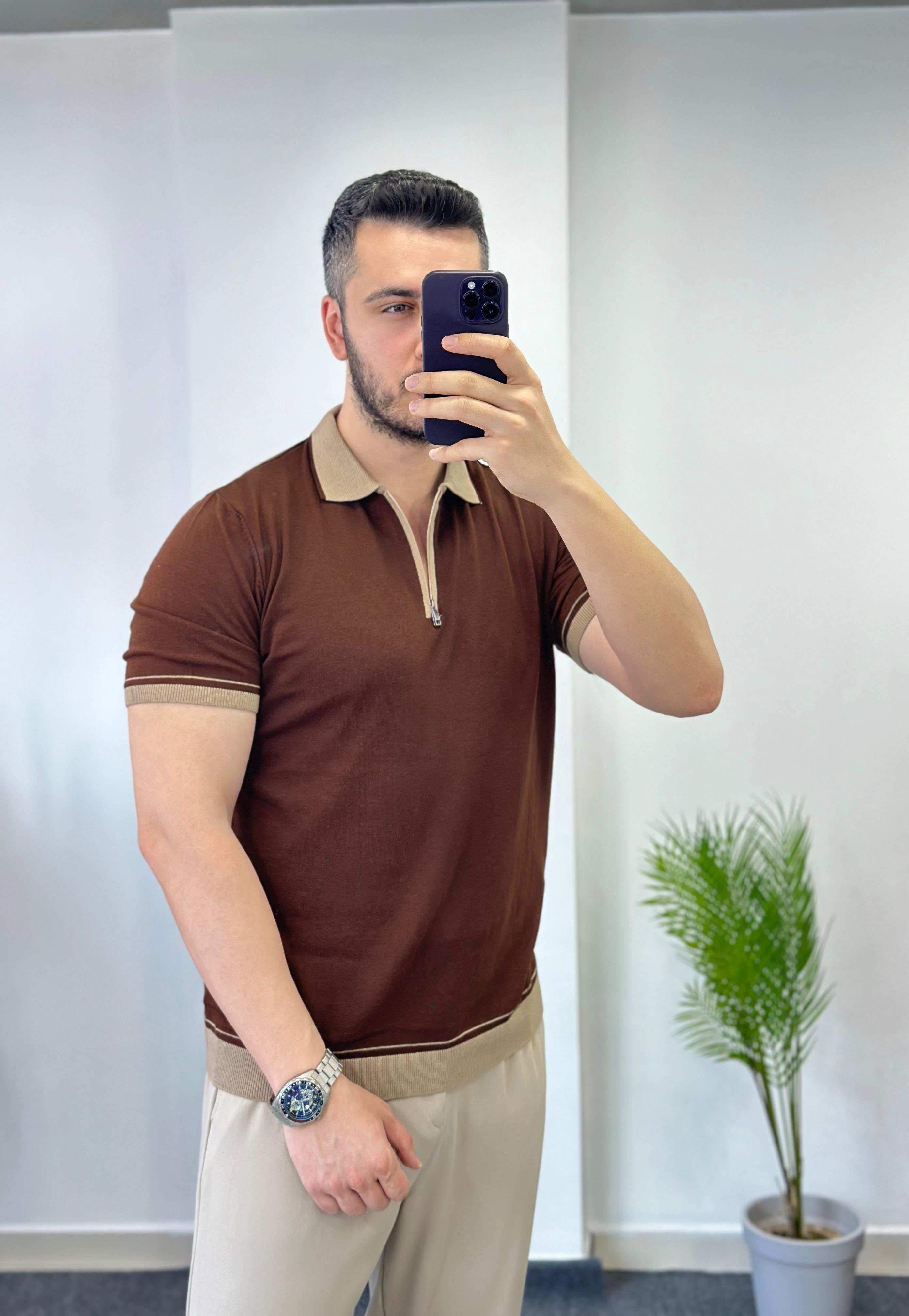 Bej Fermuarlı Kahve Triko Tişört 