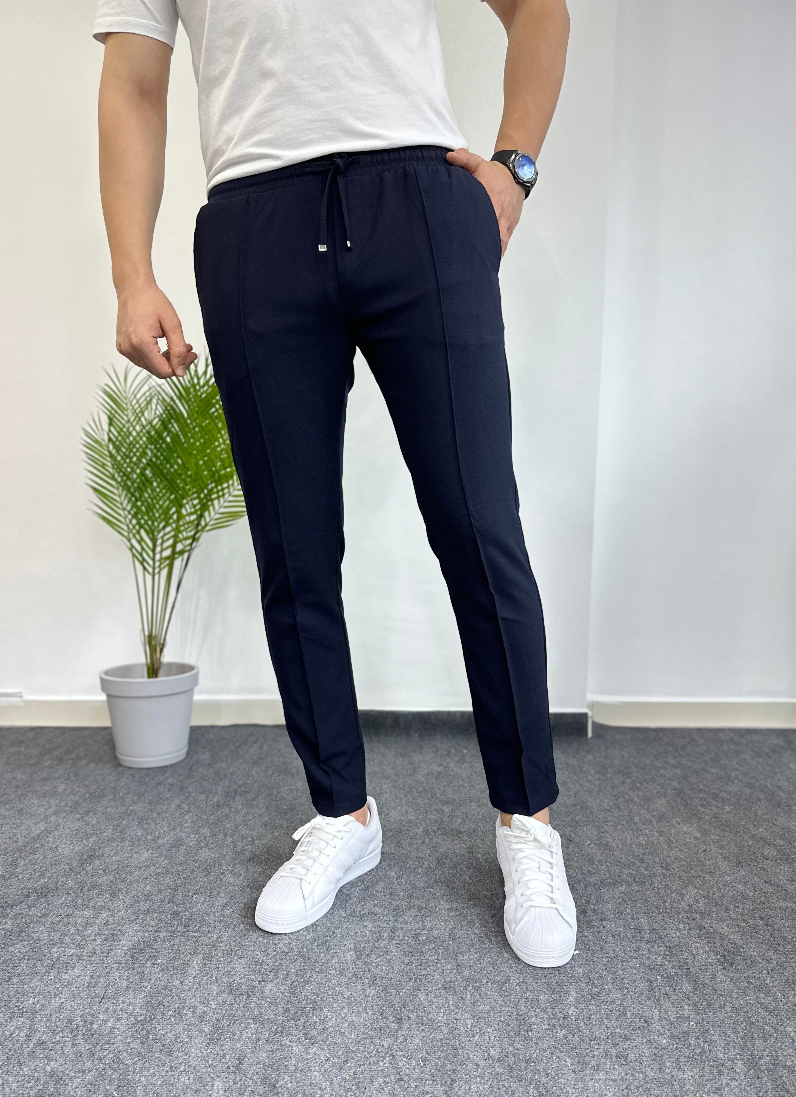 Beli Lastikli Çımalı Lacivert Kumaş Pantolon