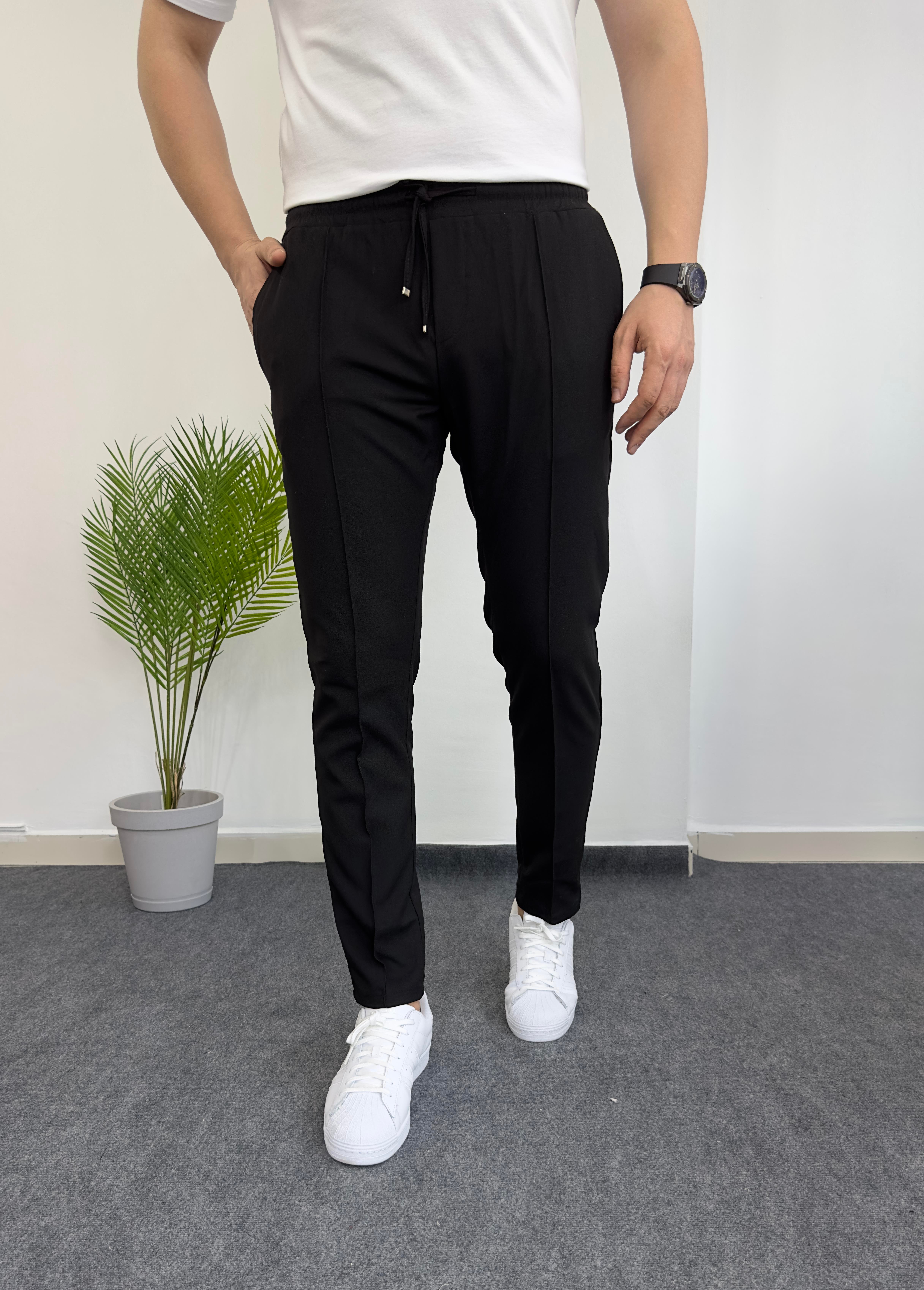 Beli Lastikli Çımalı Siyah Kumaş Pantolon