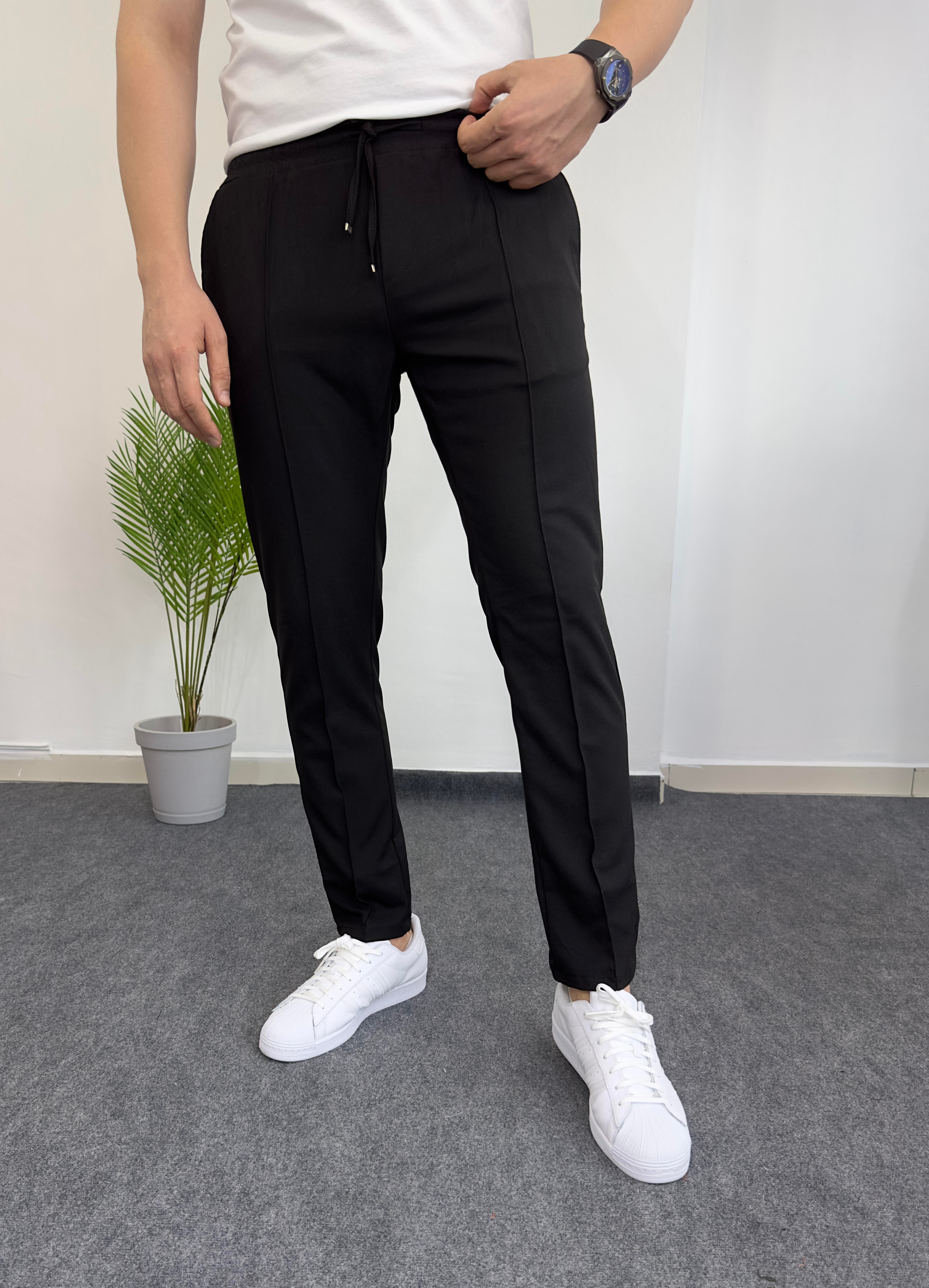 Beli Lastikli Çımalı Siyah Kumaş Pantolon