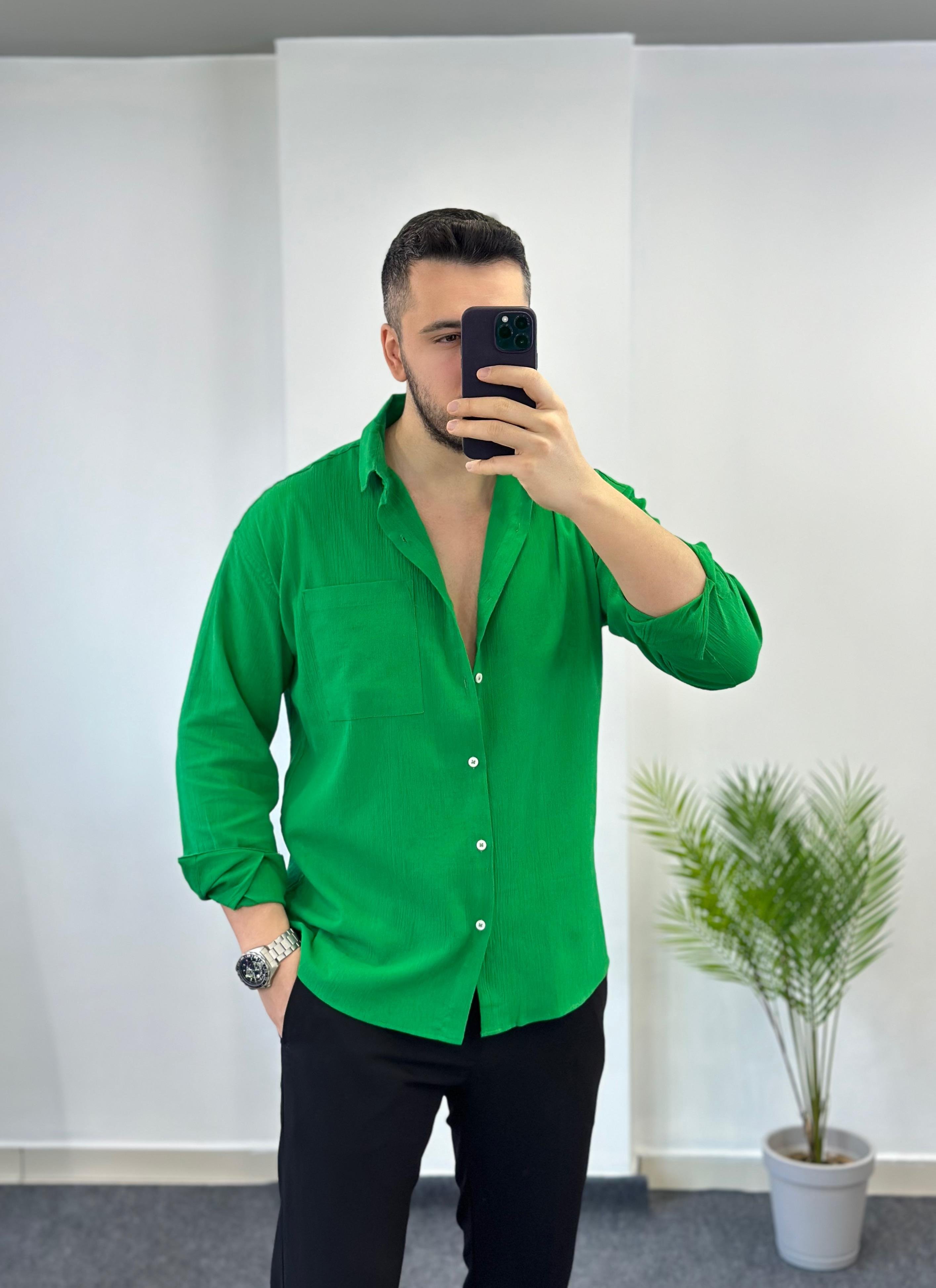 Benotton Yeşili Oversize Keten Gömlek