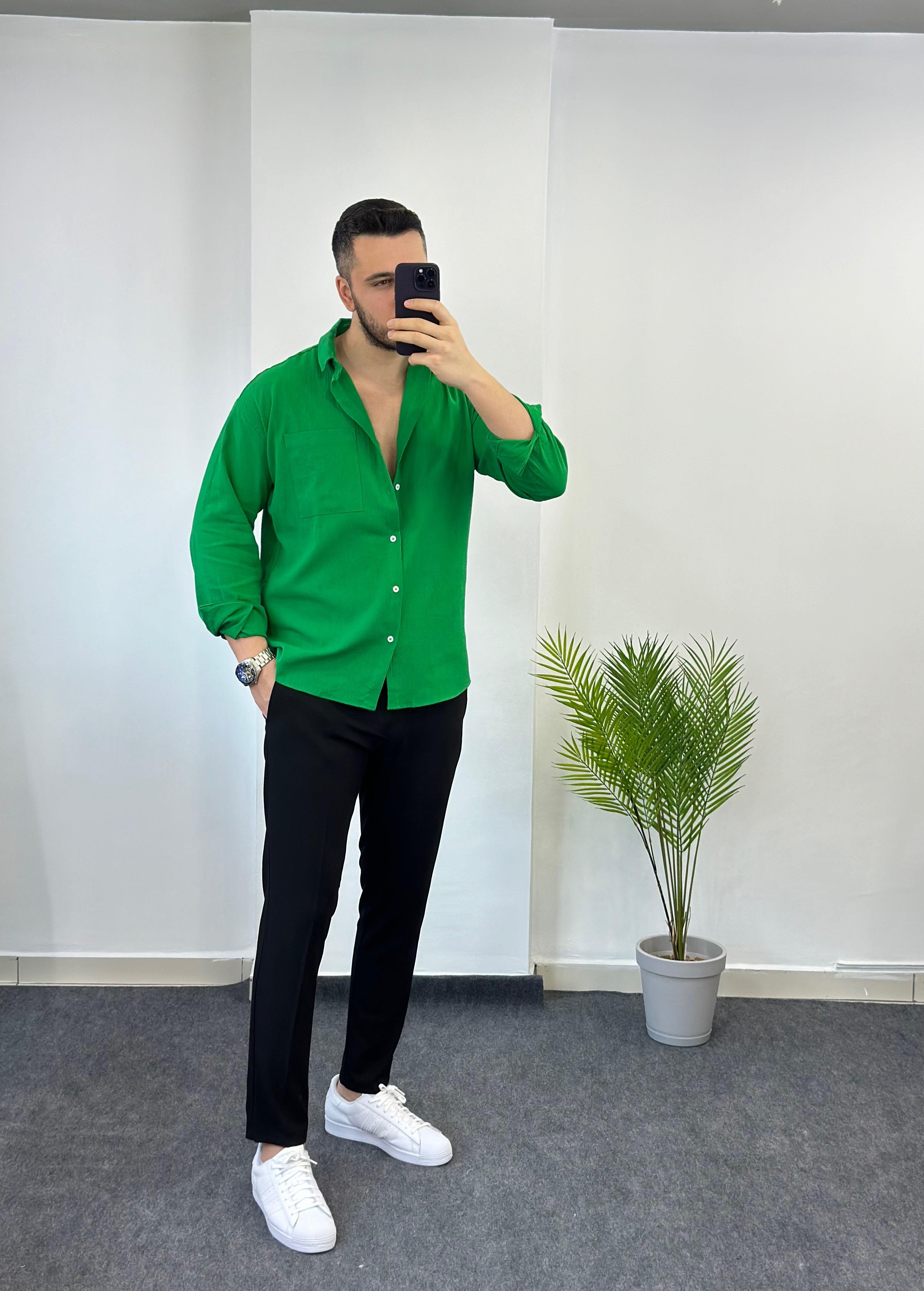 Benotton Yeşili Oversize Keten Gömlek