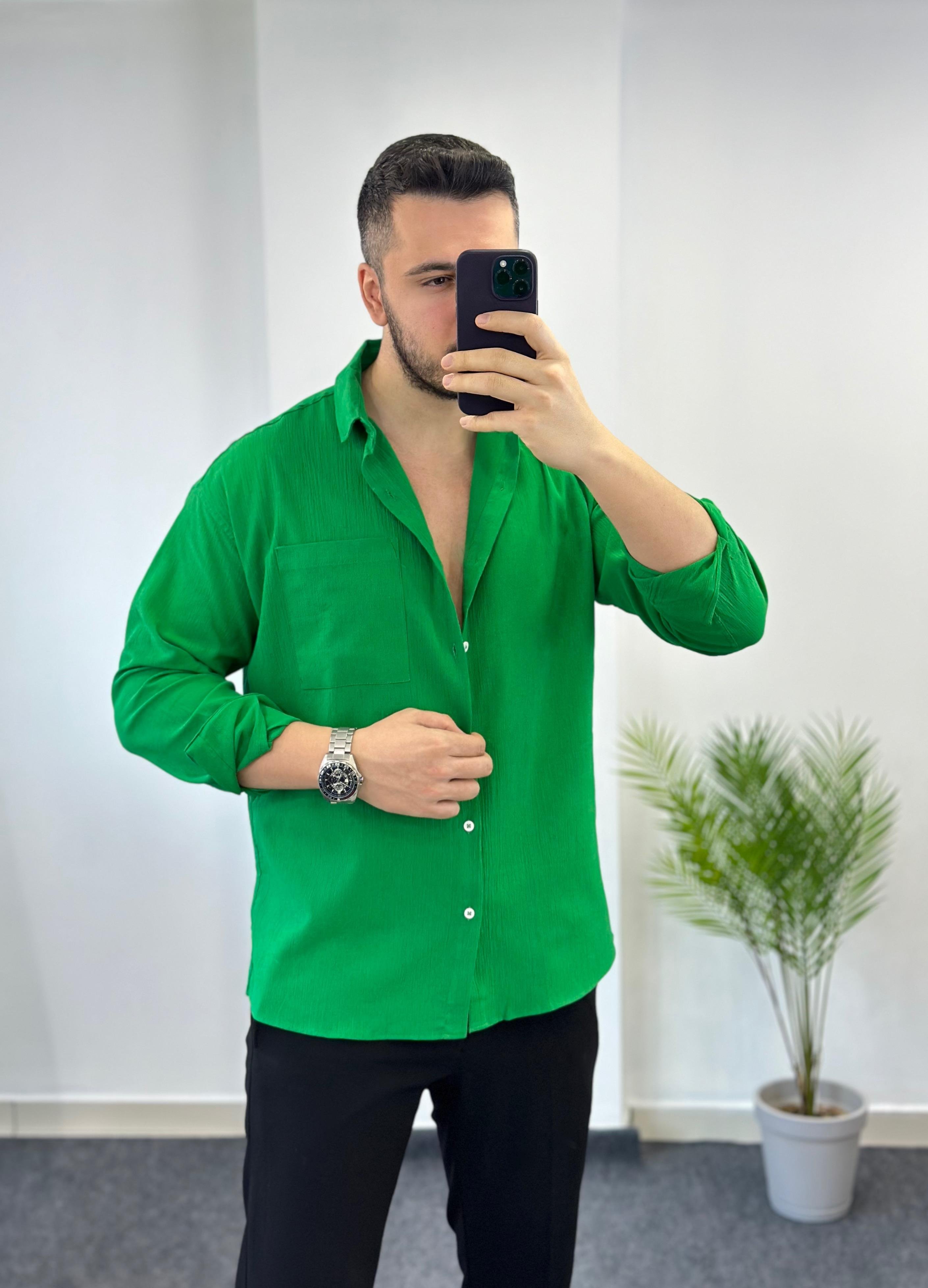 Benotton Yeşili Oversize Keten Gömlek
