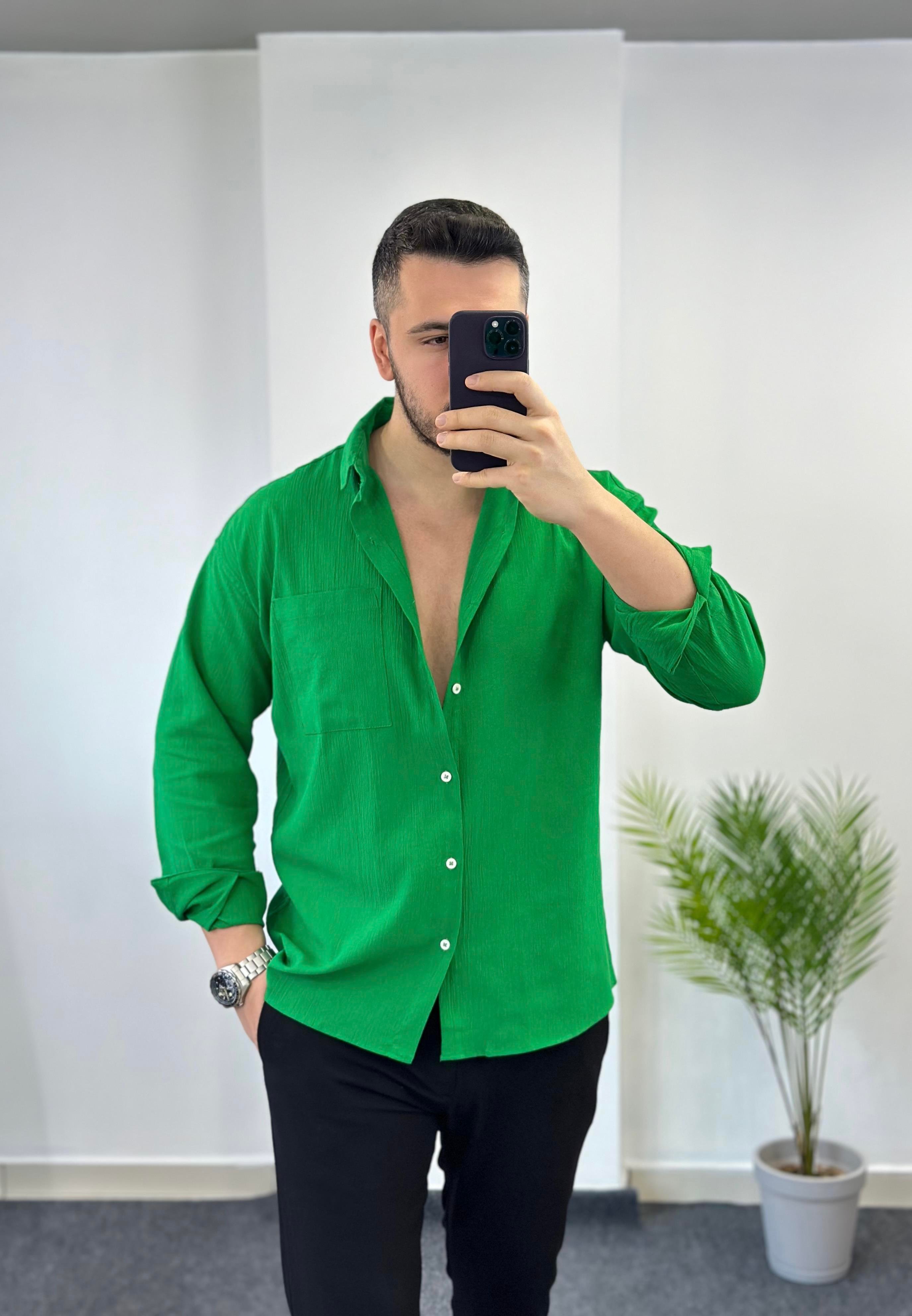 Benotton Yeşili Oversize Keten Gömlek