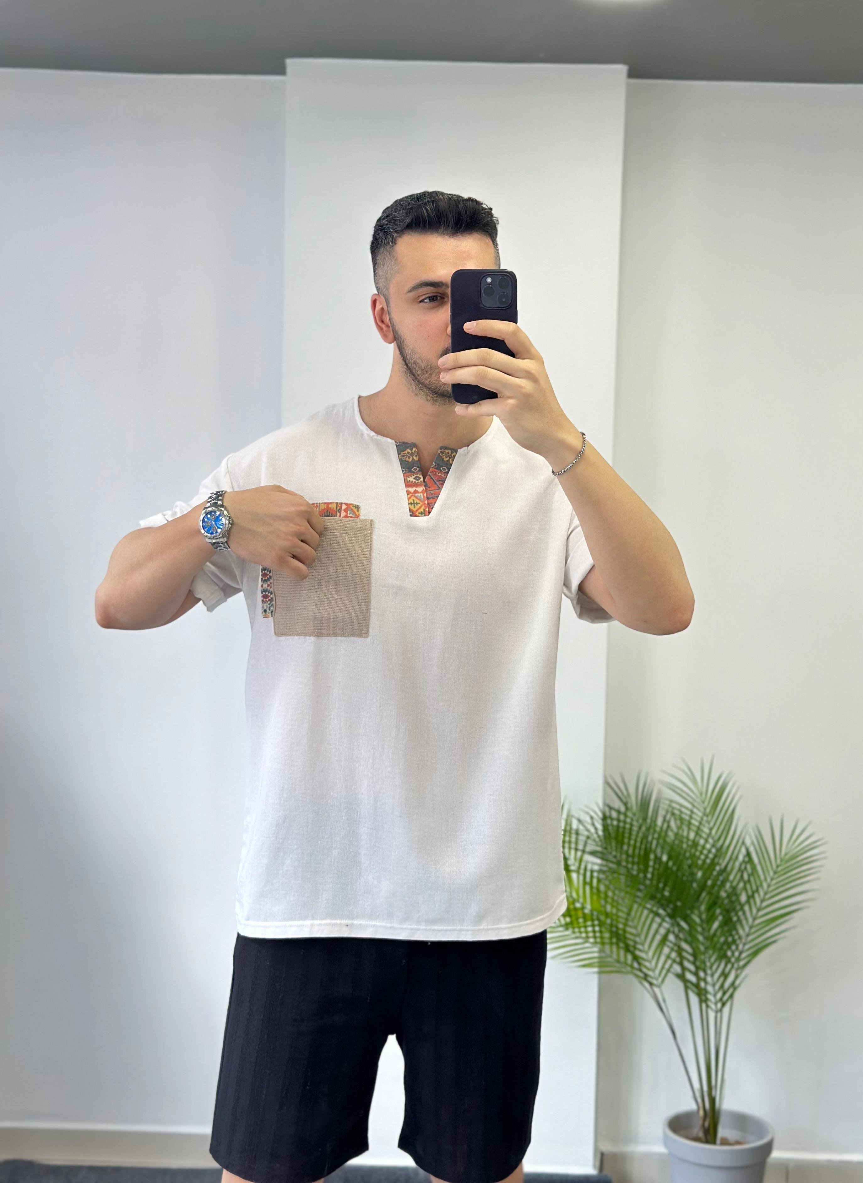 Beyaz Bohem Keten Tişört 