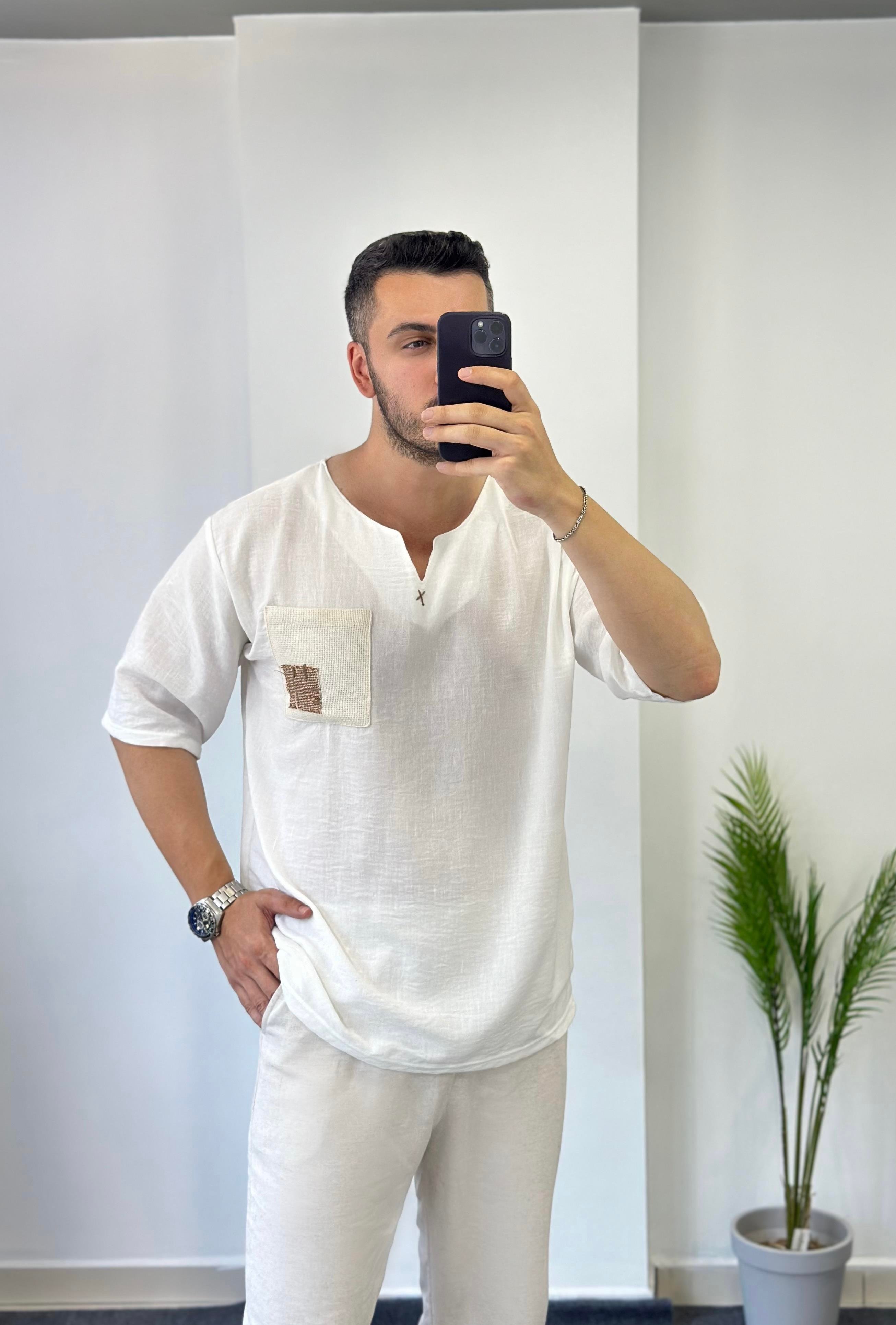 Beyaz Etnik Bohem Keten Oversize Tişört 