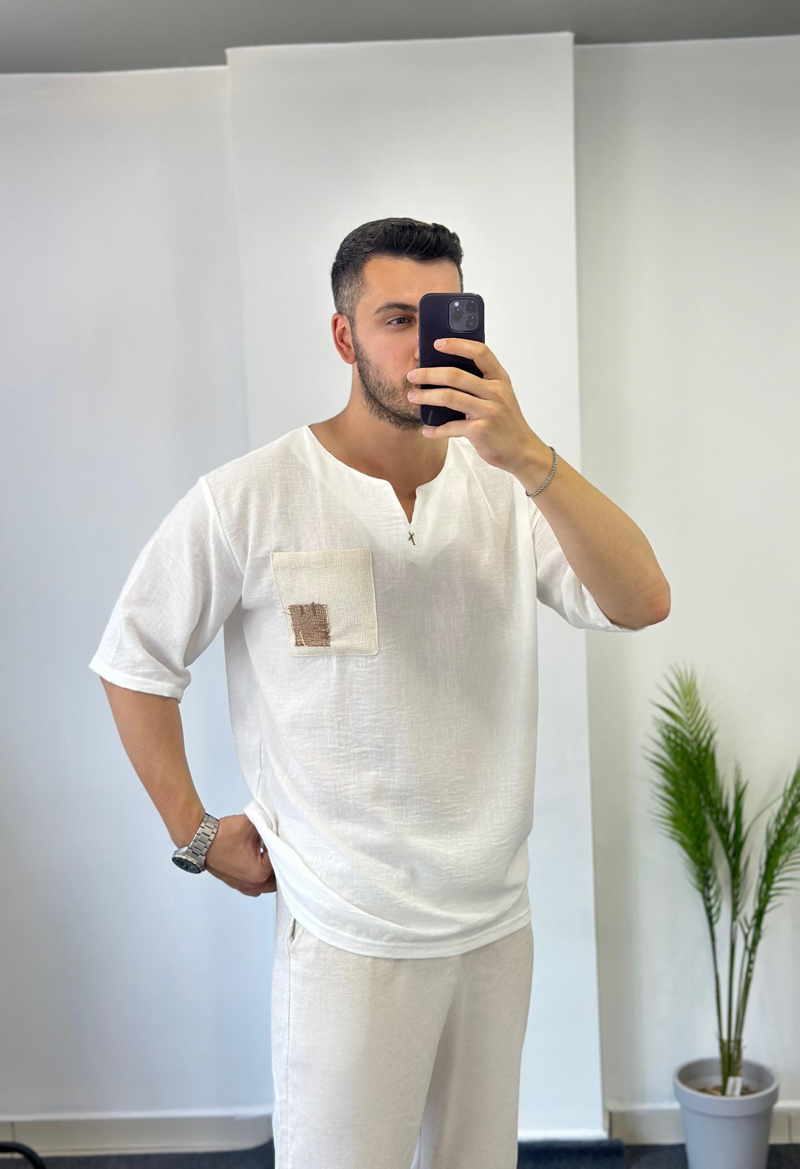 Beyaz Etnik Bohem Keten Oversize Tişört 