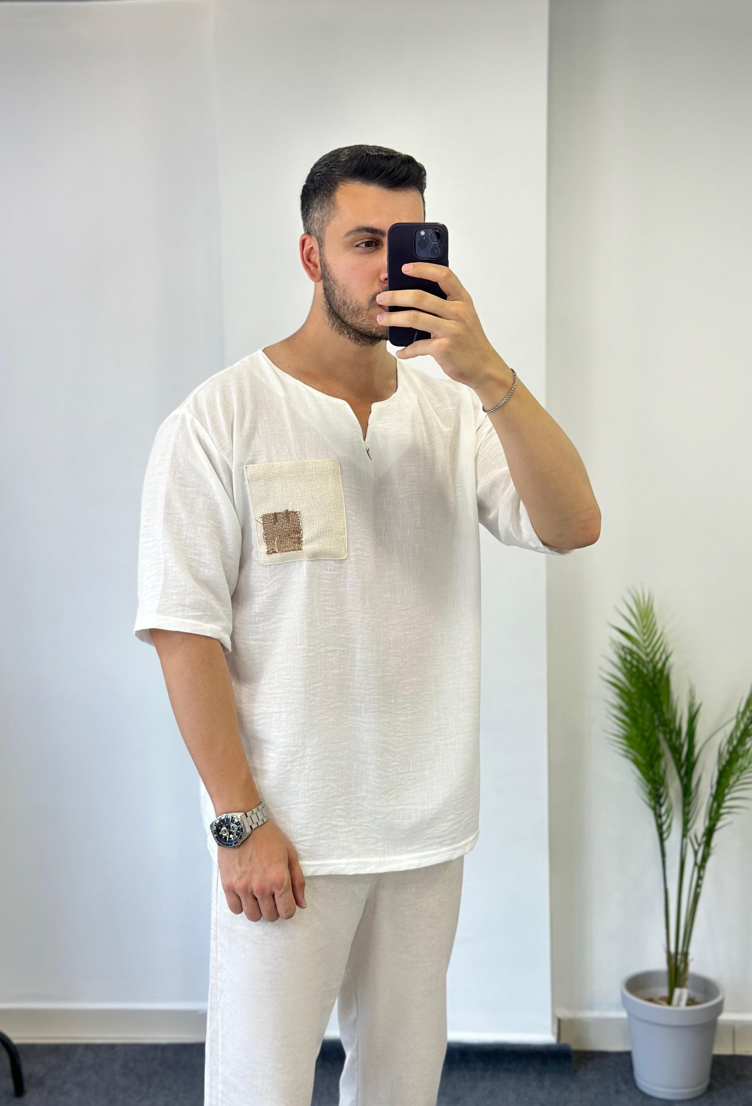 Beyaz Etnik Bohem Keten Oversize Tişört 