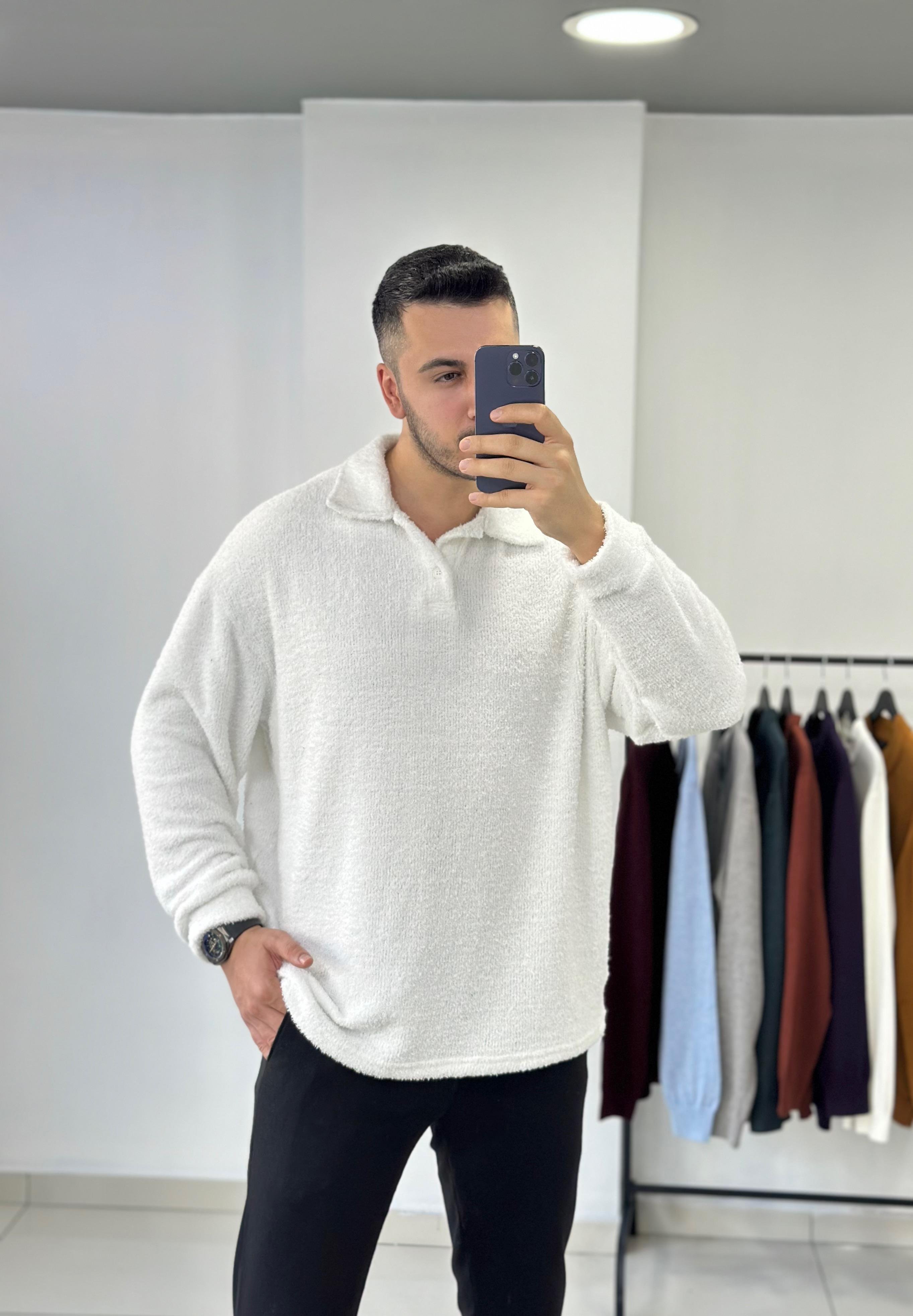 Beyaz Oversize Peluş Sweat