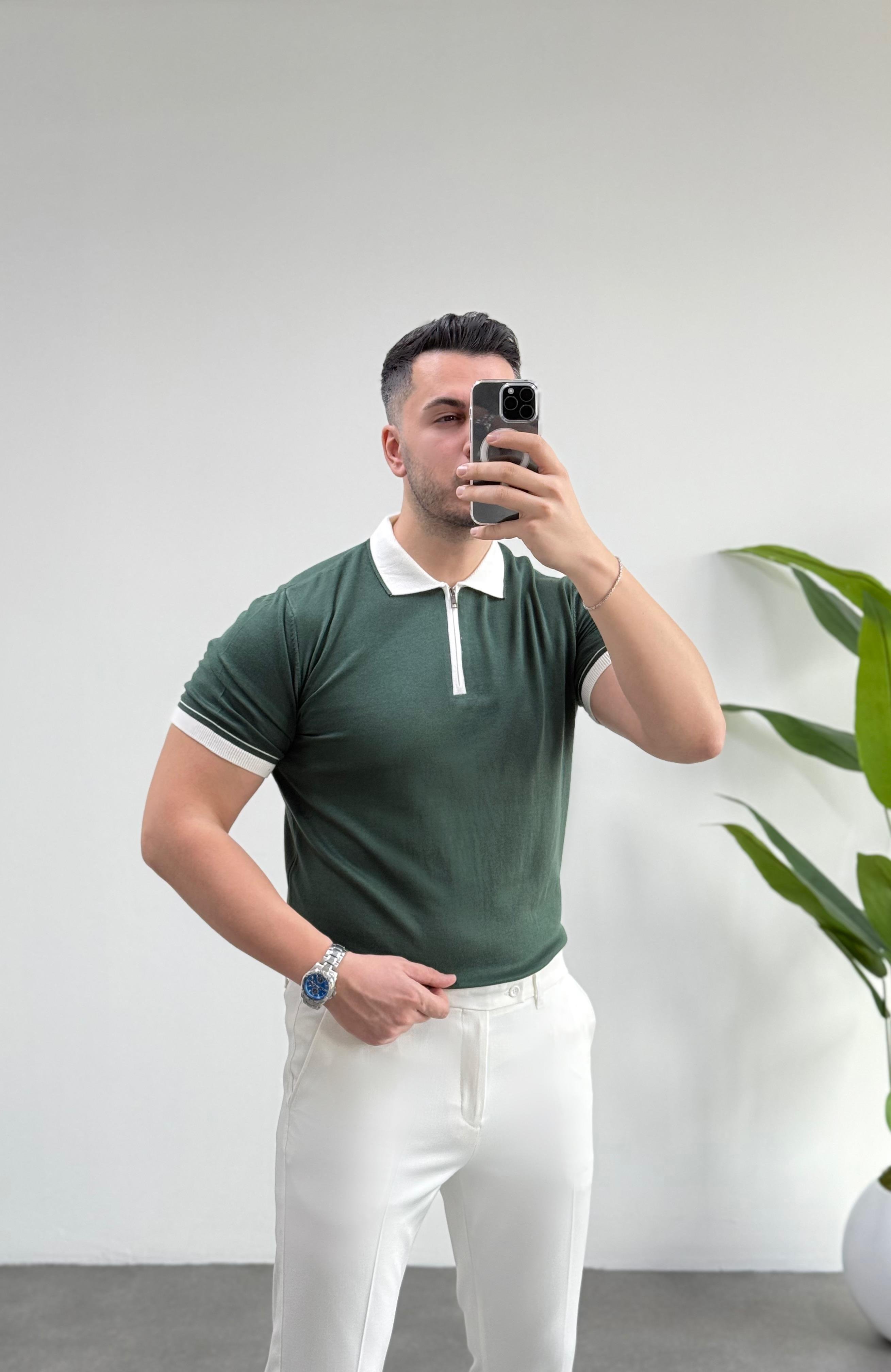 Beyaz Yaka Fermuarlı Yeşil Örme Tişört 