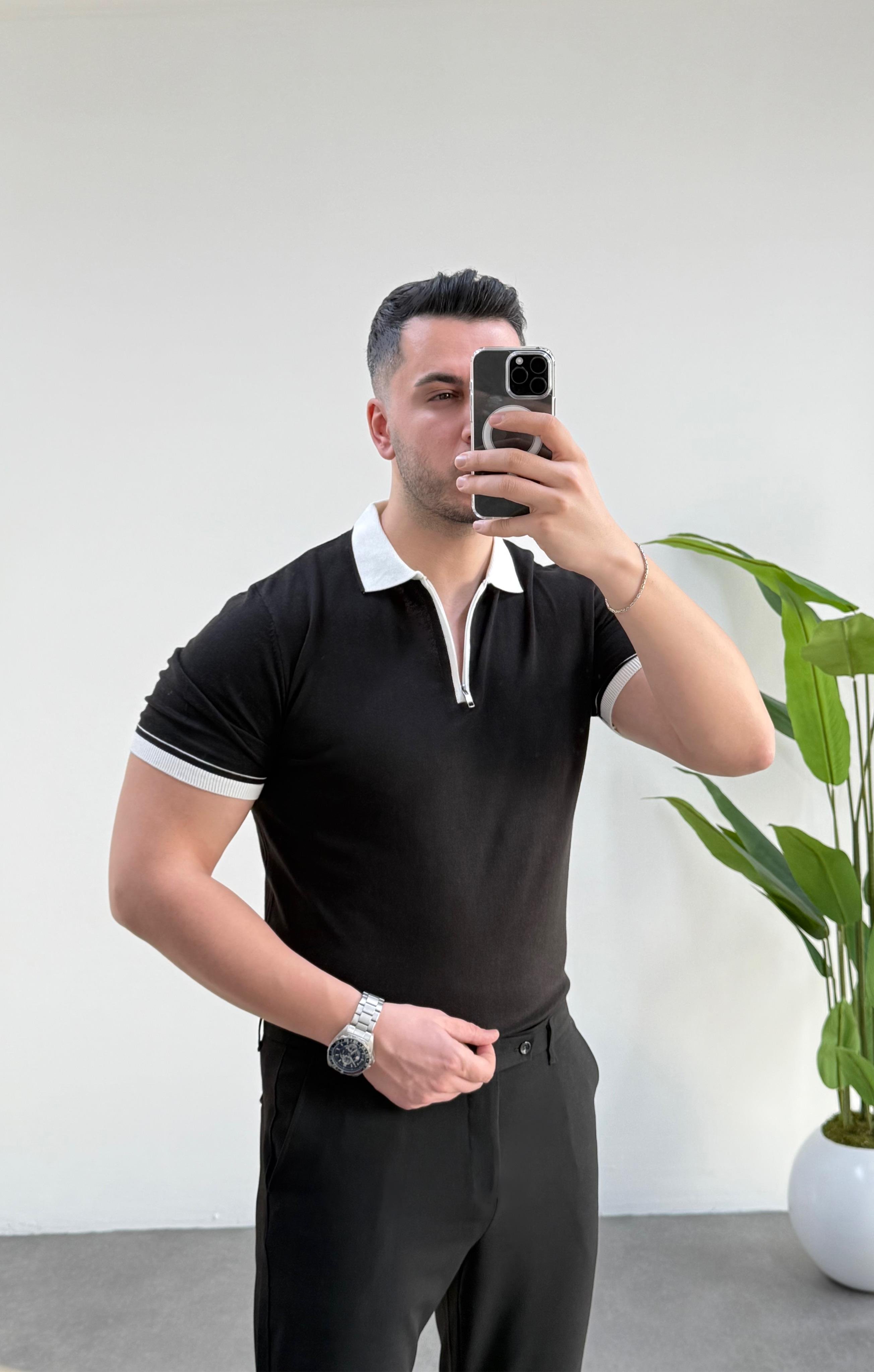 Beyaz Yaka Siyah Fermuarlı Örme Kazak