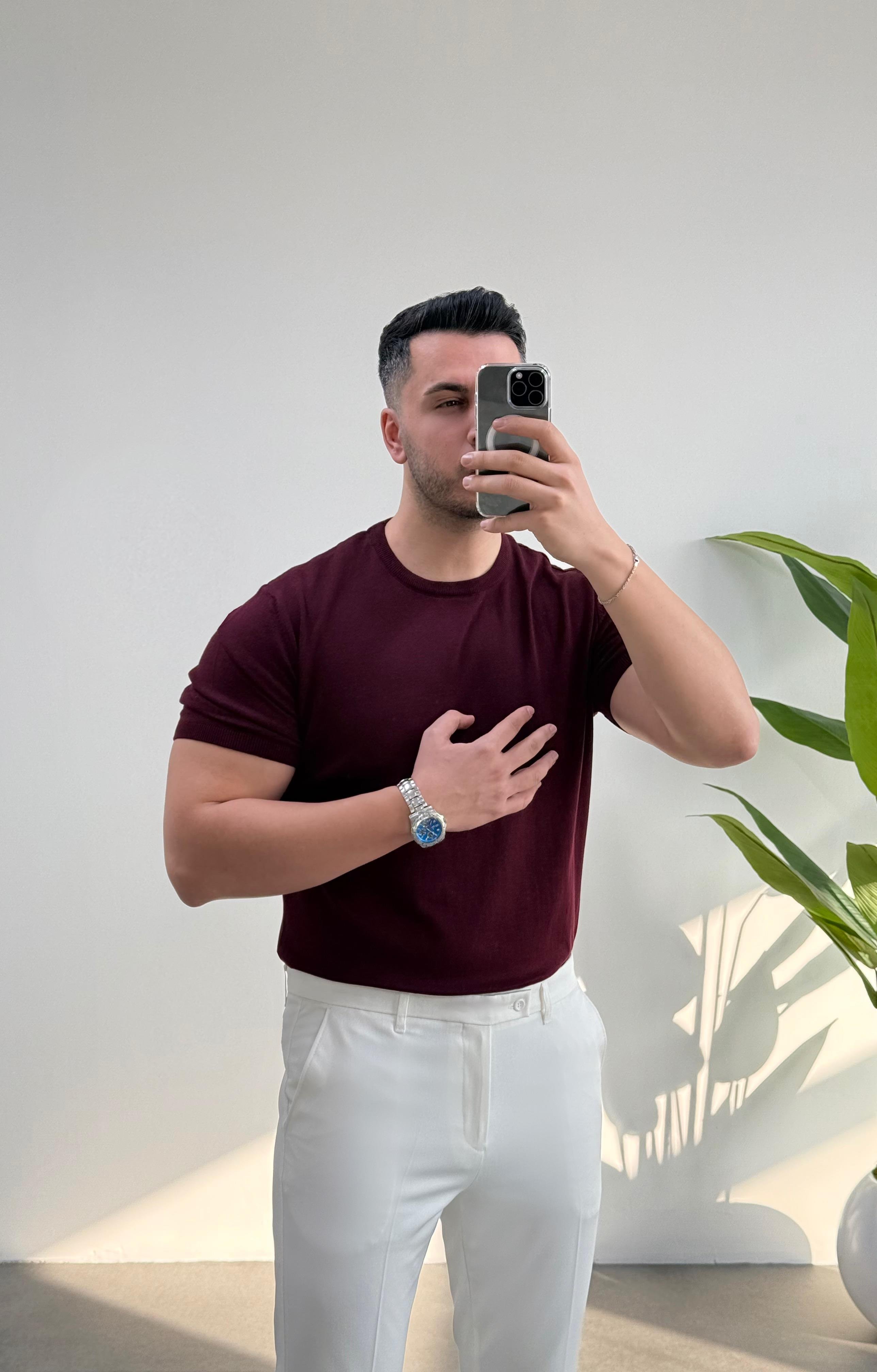 Bisiklet Yaka Bordo Örme Tişört 