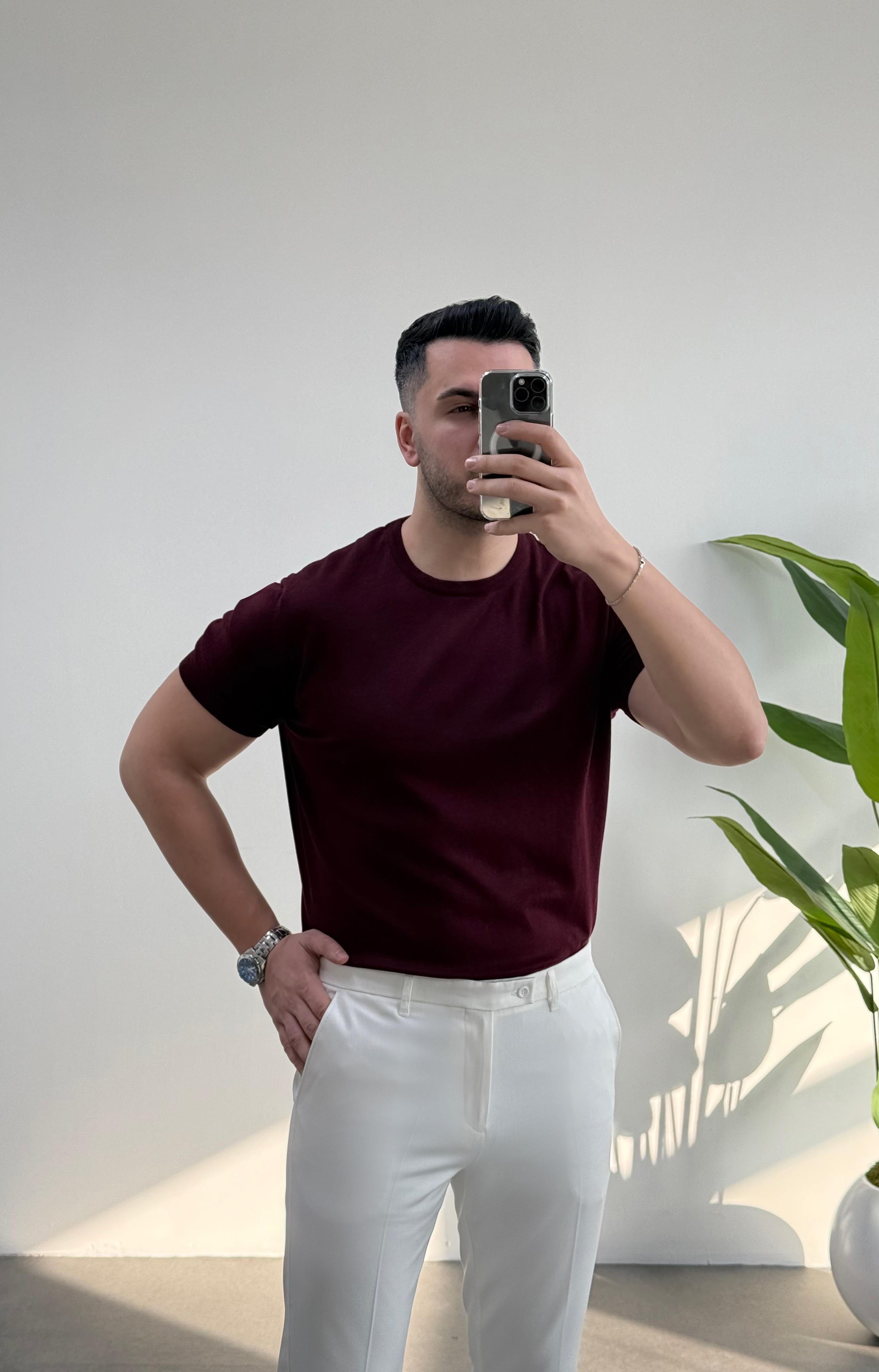 Bisiklet Yaka Bordo Örme Tişört 