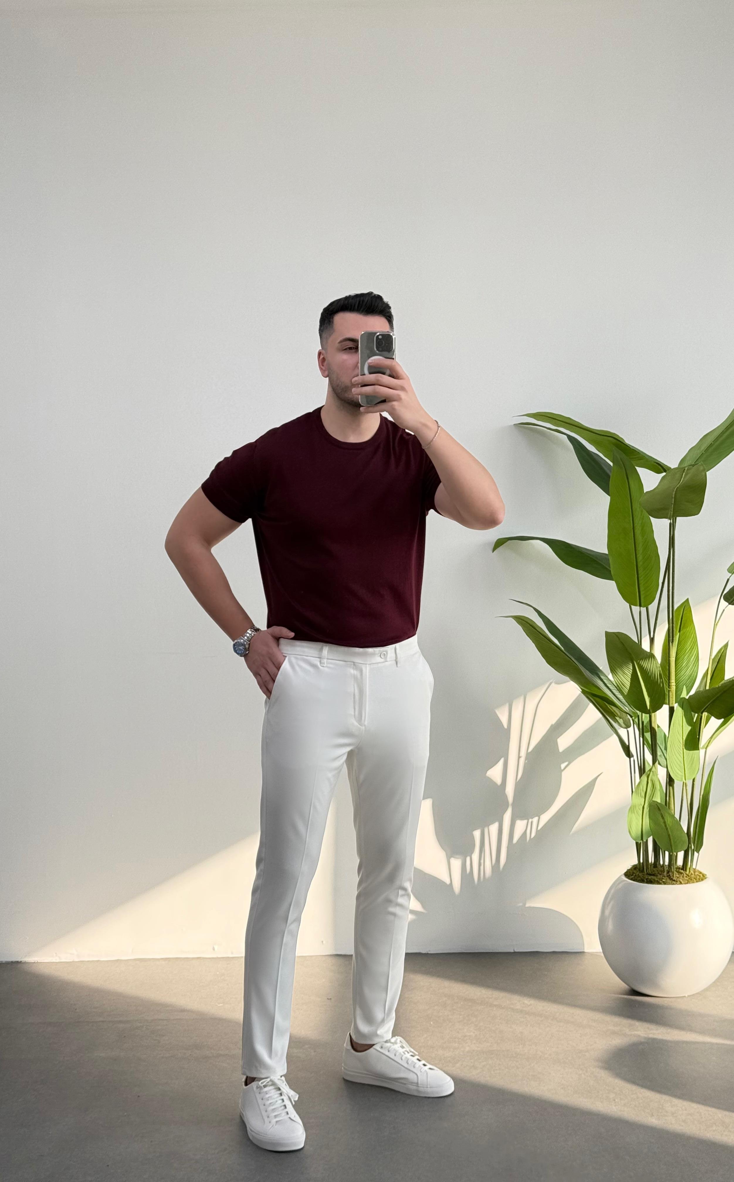 Bisiklet Yaka Bordo Örme Tişört 