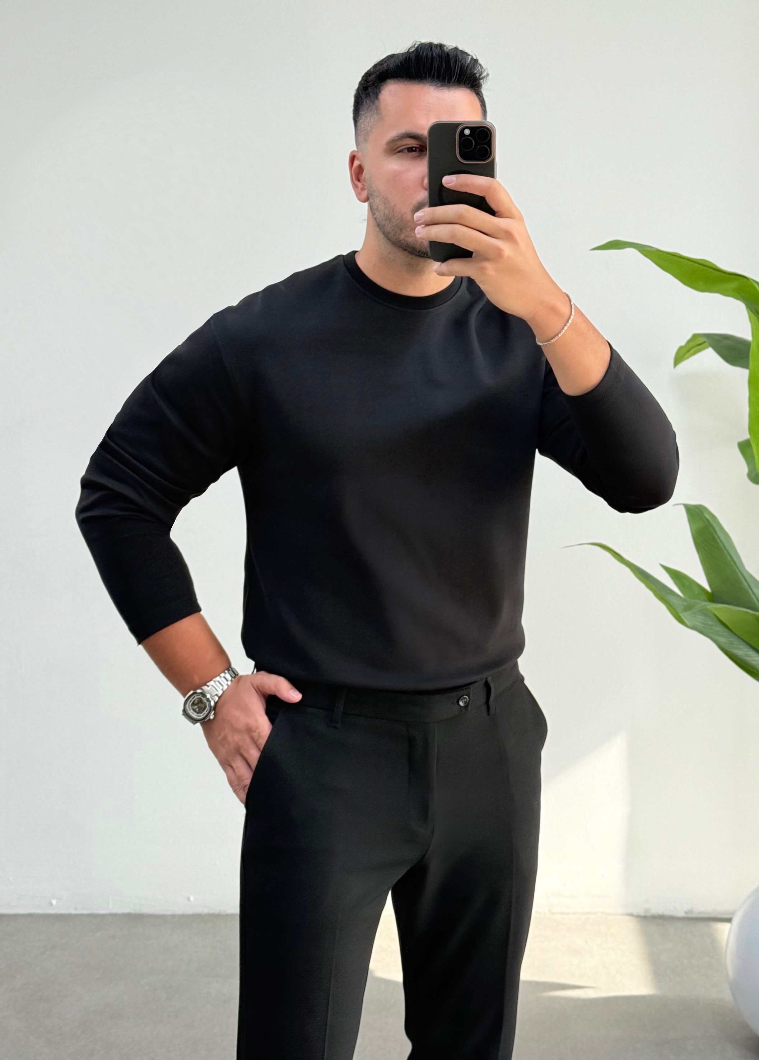 Bisiklet Yaka Double Face Siyah Sweat