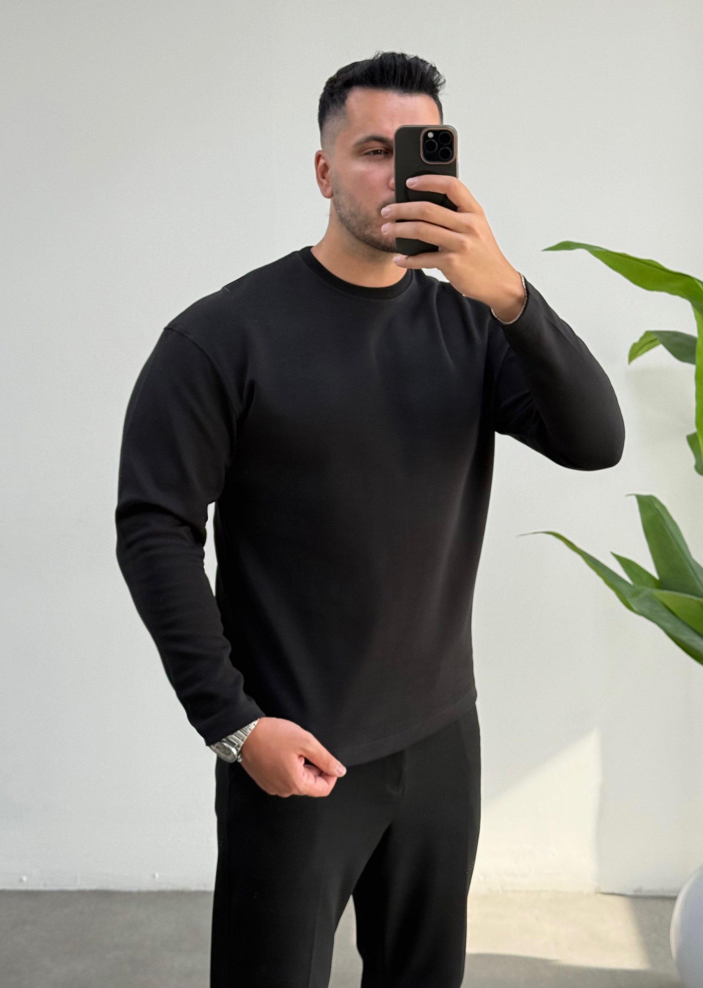 Bisiklet Yaka Double Face Siyah Sweat
