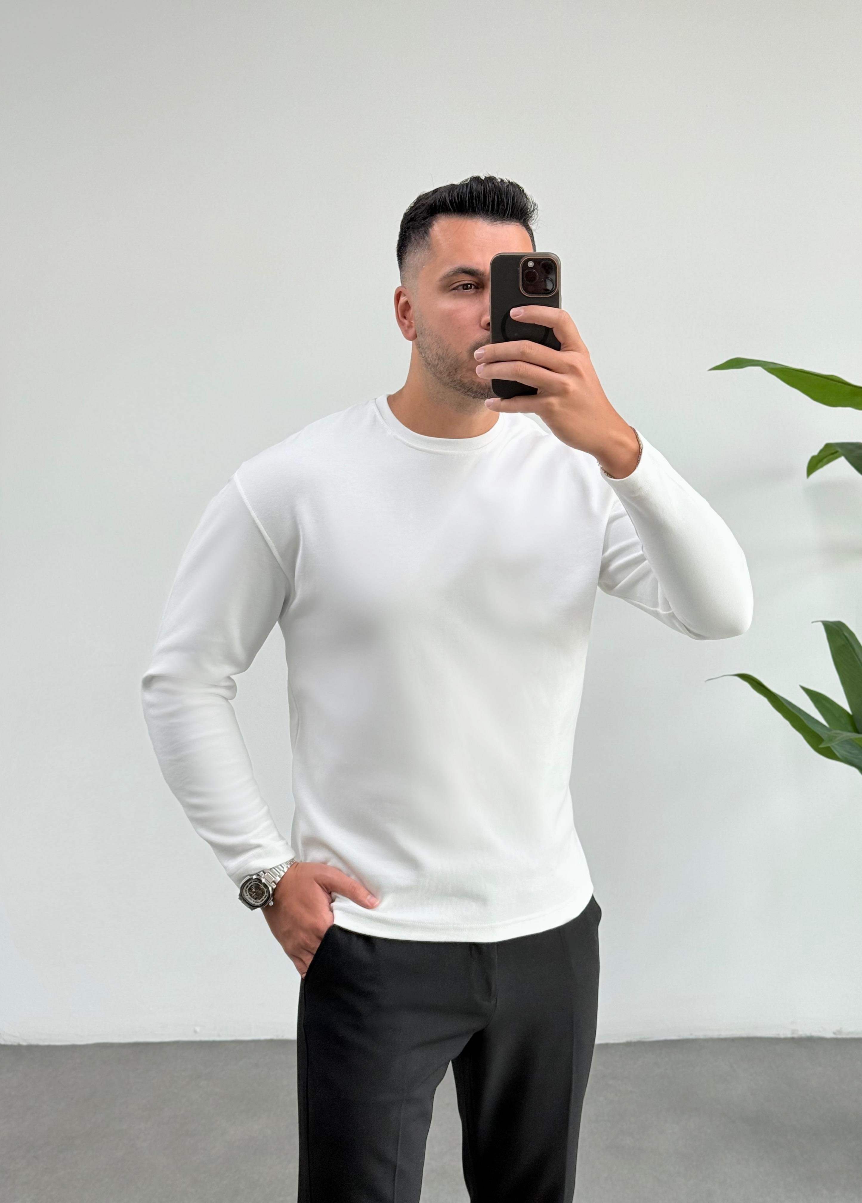 Bisiklet Yaka Duble Face Beyaz Sweat