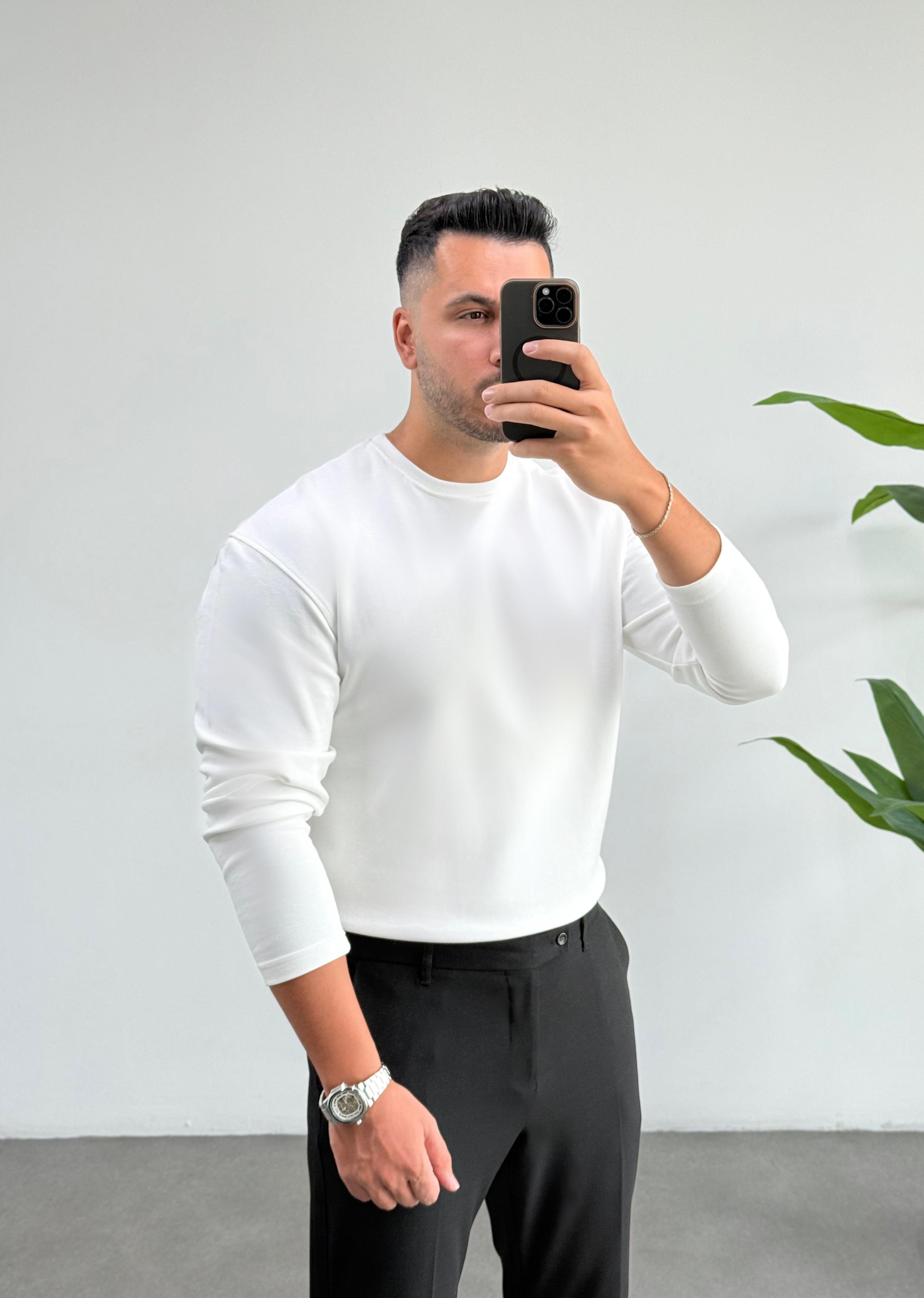 Bisiklet Yaka Duble Face Beyaz Sweat