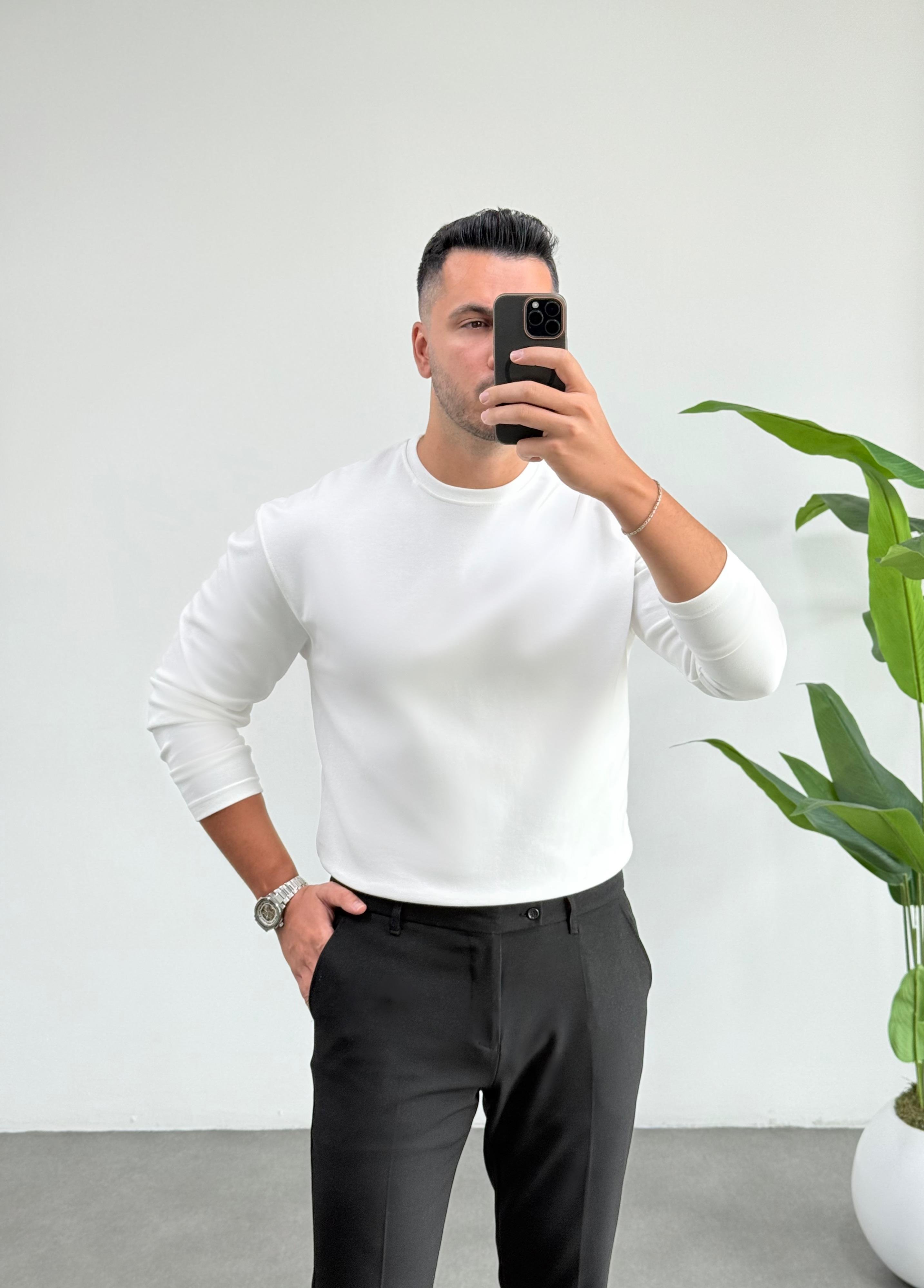 Bisiklet Yaka Duble Face Beyaz Sweat