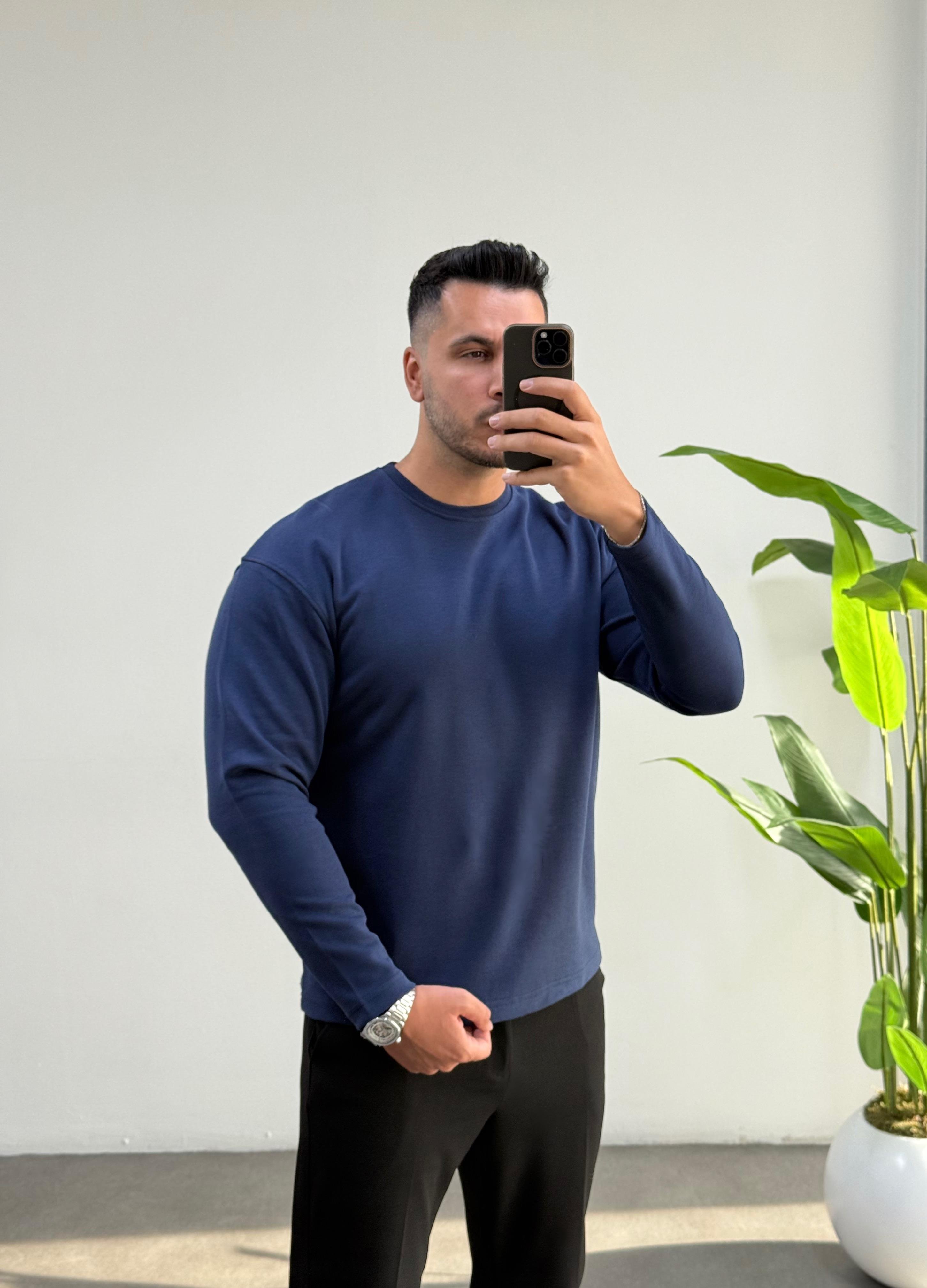 Bisiklet Yaka Duble Face Lacivert Sweat 