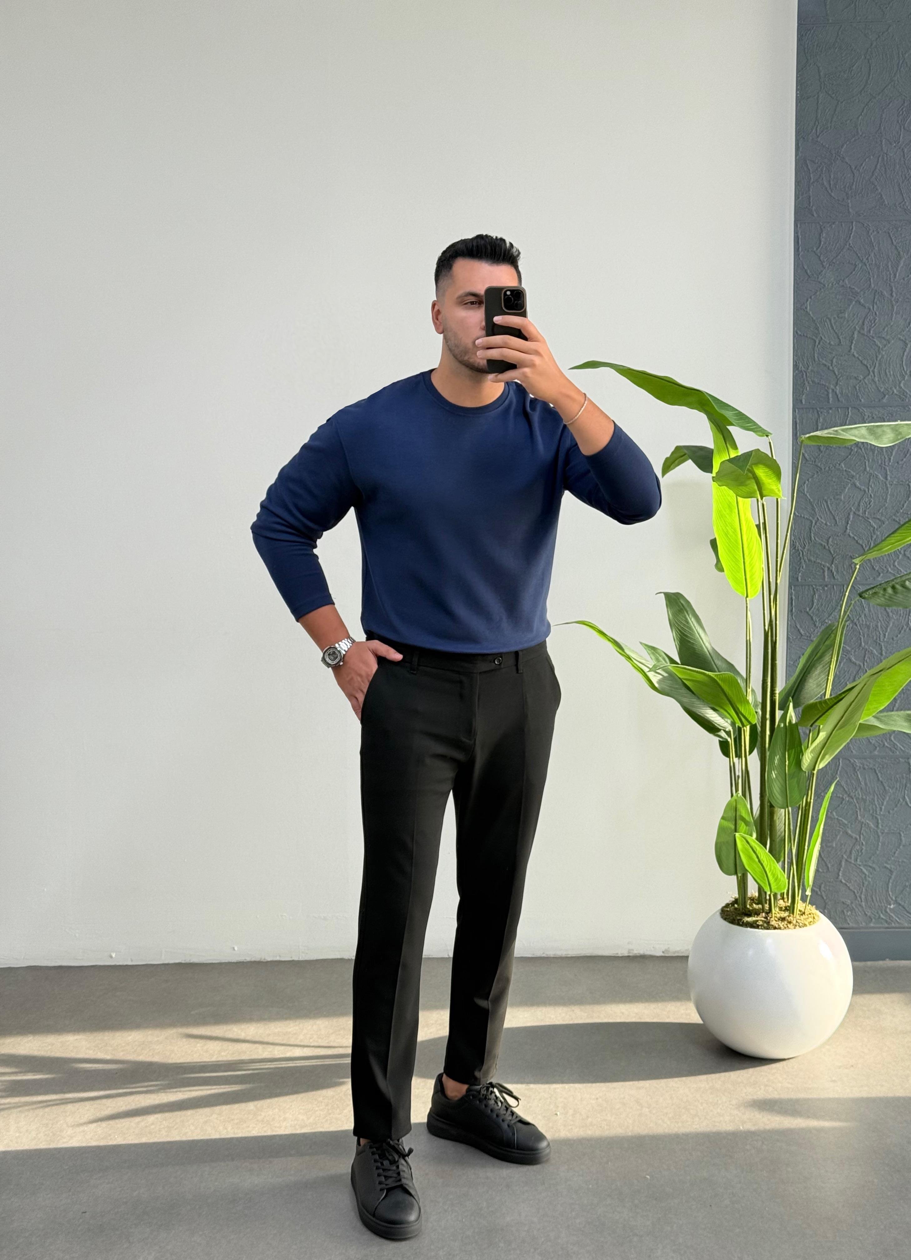 Bisiklet Yaka Duble Face Lacivert Sweat 