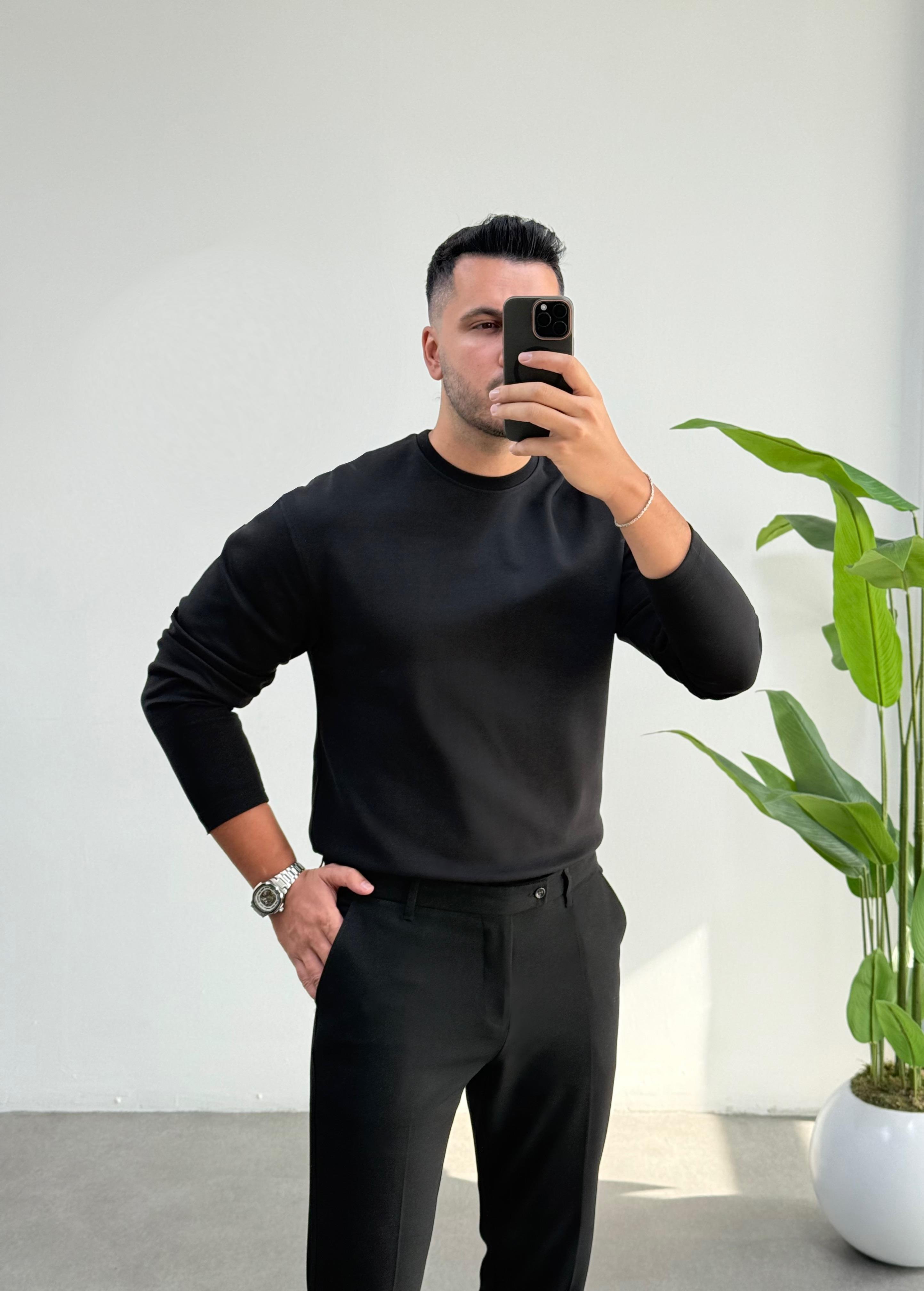 Bisiklet Yaka Duble Face Siyah Sweat